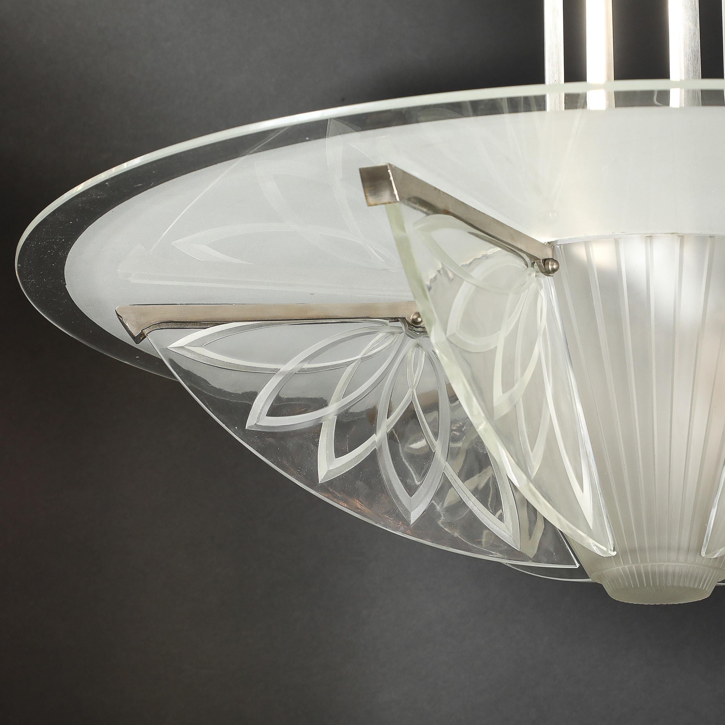 Art Deco Machine Age Frosted, Etched Glass & Nickel Chandelier by Pierre D'Avsen For Sale 12