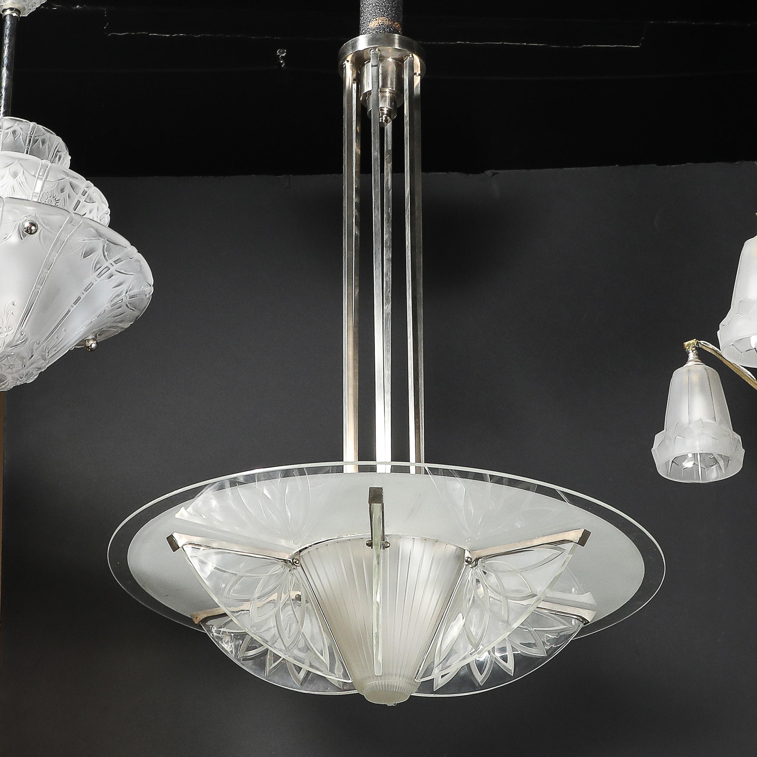 Art Deco Machine Age Frosted, Etched Glass & Nickel Chandelier by Pierre D'Avsen For Sale 13