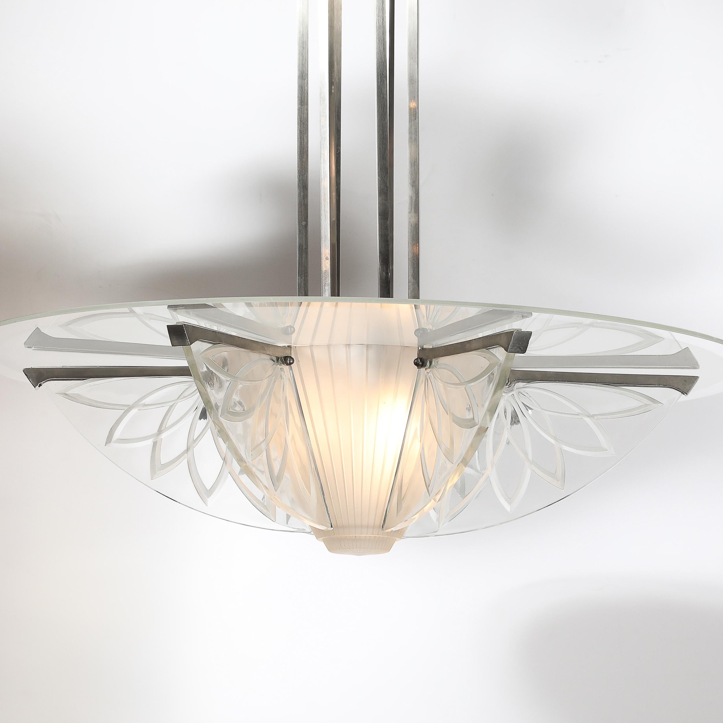 Art Deco Machine Age Frosted, Etched Glass & Nickel Chandelier by Pierre D'Avsen In Excellent Condition For Sale In New York, NY
