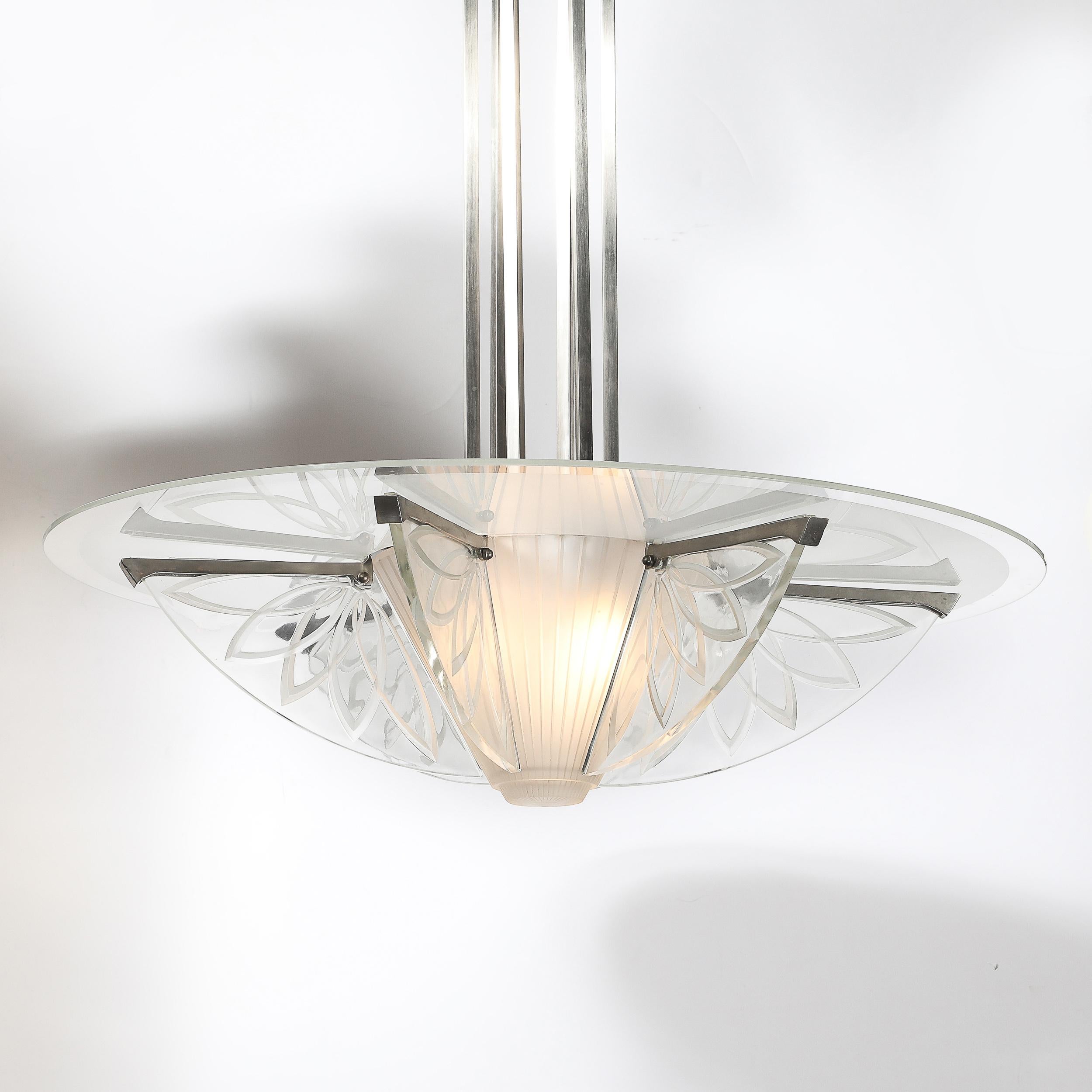 Mid-20th Century Art Deco Machine Age Frosted, Etched Glass & Nickel Chandelier by Pierre D'Avsen For Sale