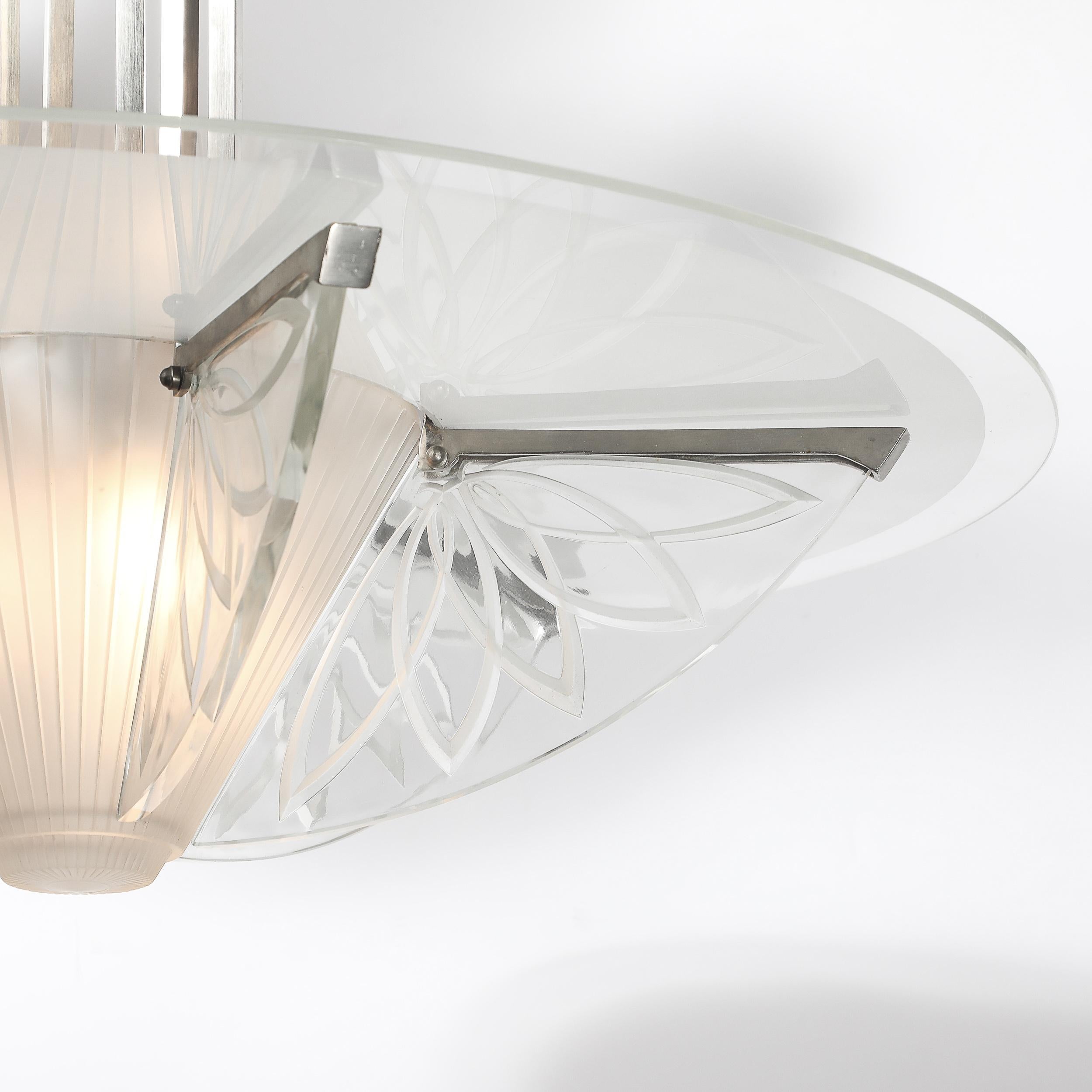 Art Deco Machine Age Frosted, Etched Glass & Nickel Chandelier by Pierre D'Avsen For Sale 1