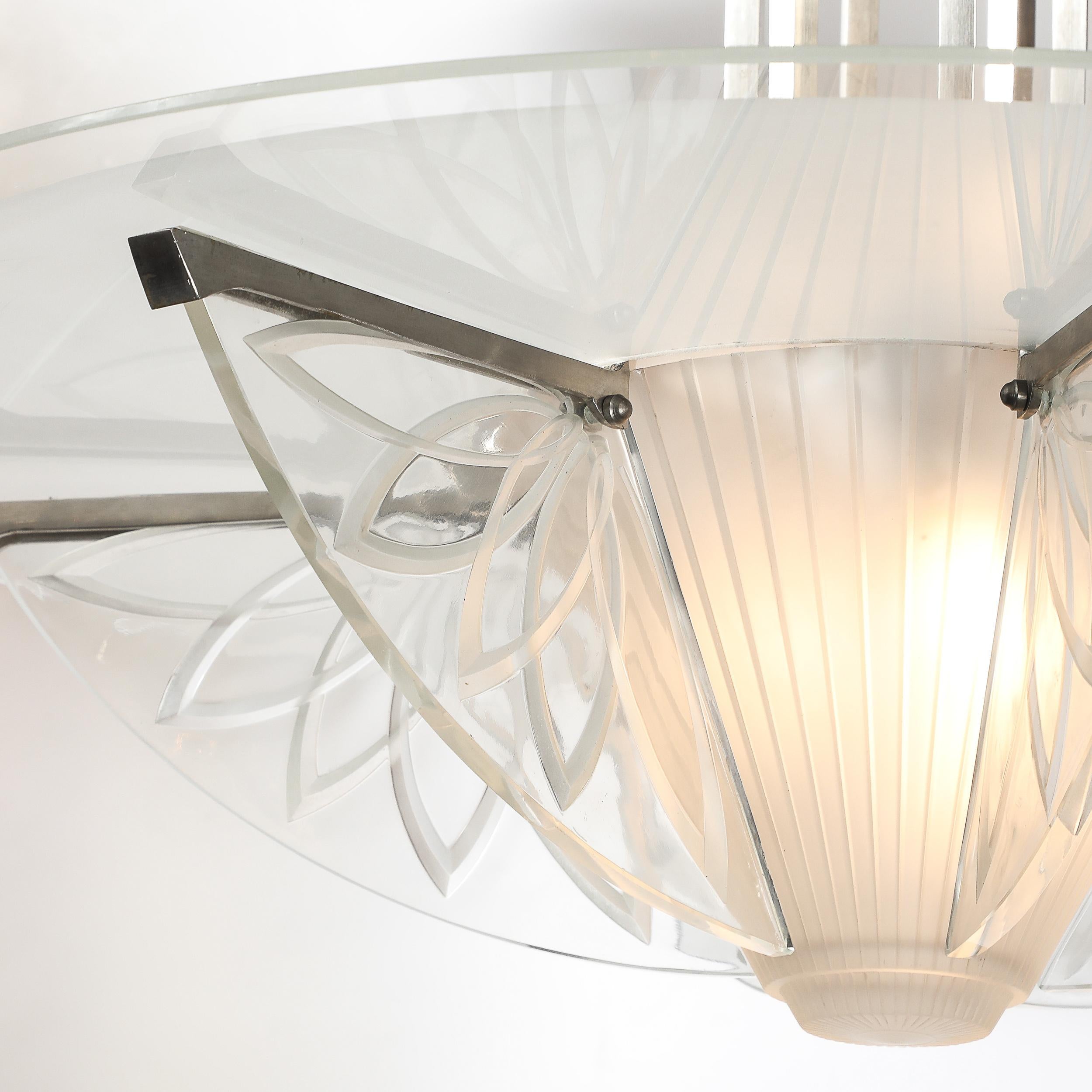Art Deco Machine Age Frosted, Etched Glass & Nickel Chandelier by Pierre D'Avsen For Sale 2
