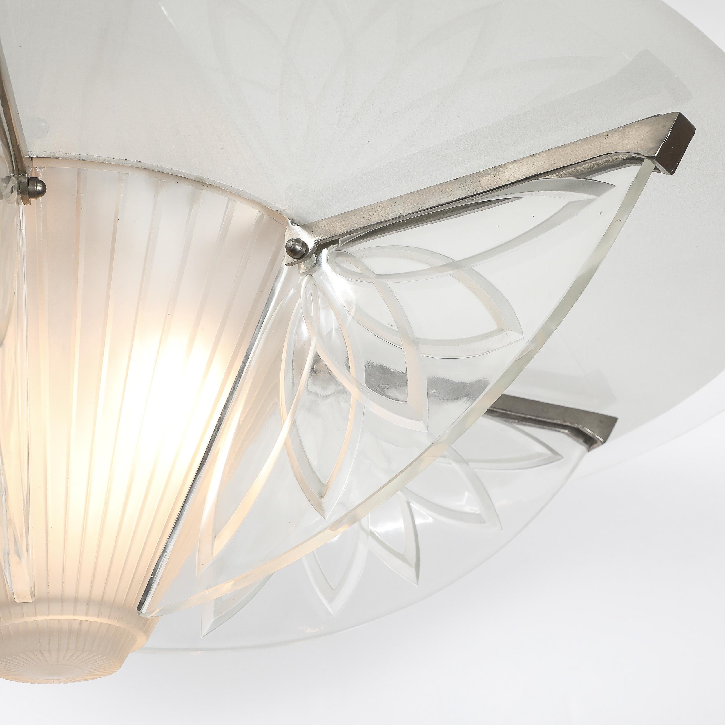 Art Deco Machine Age Frosted, Etched Glass & Nickel Chandelier by Pierre D'Avsen For Sale 3
