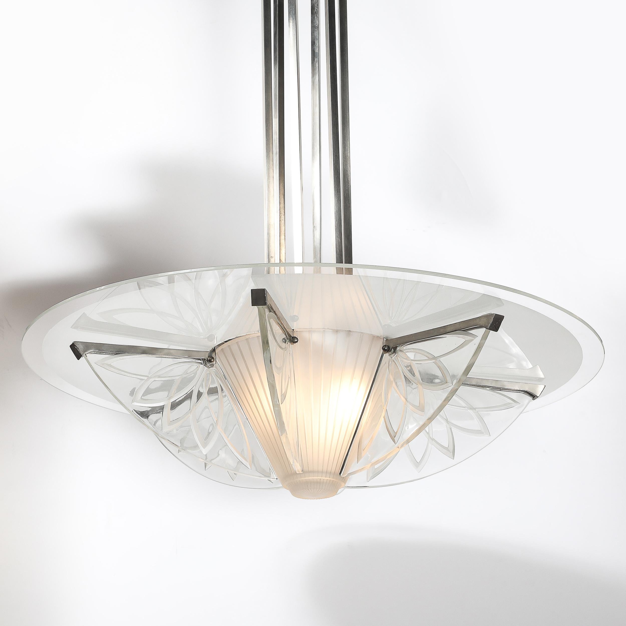 Art Deco Machine Age Frosted, Etched Glass & Nickel Chandelier by Pierre D'Avsen For Sale 4