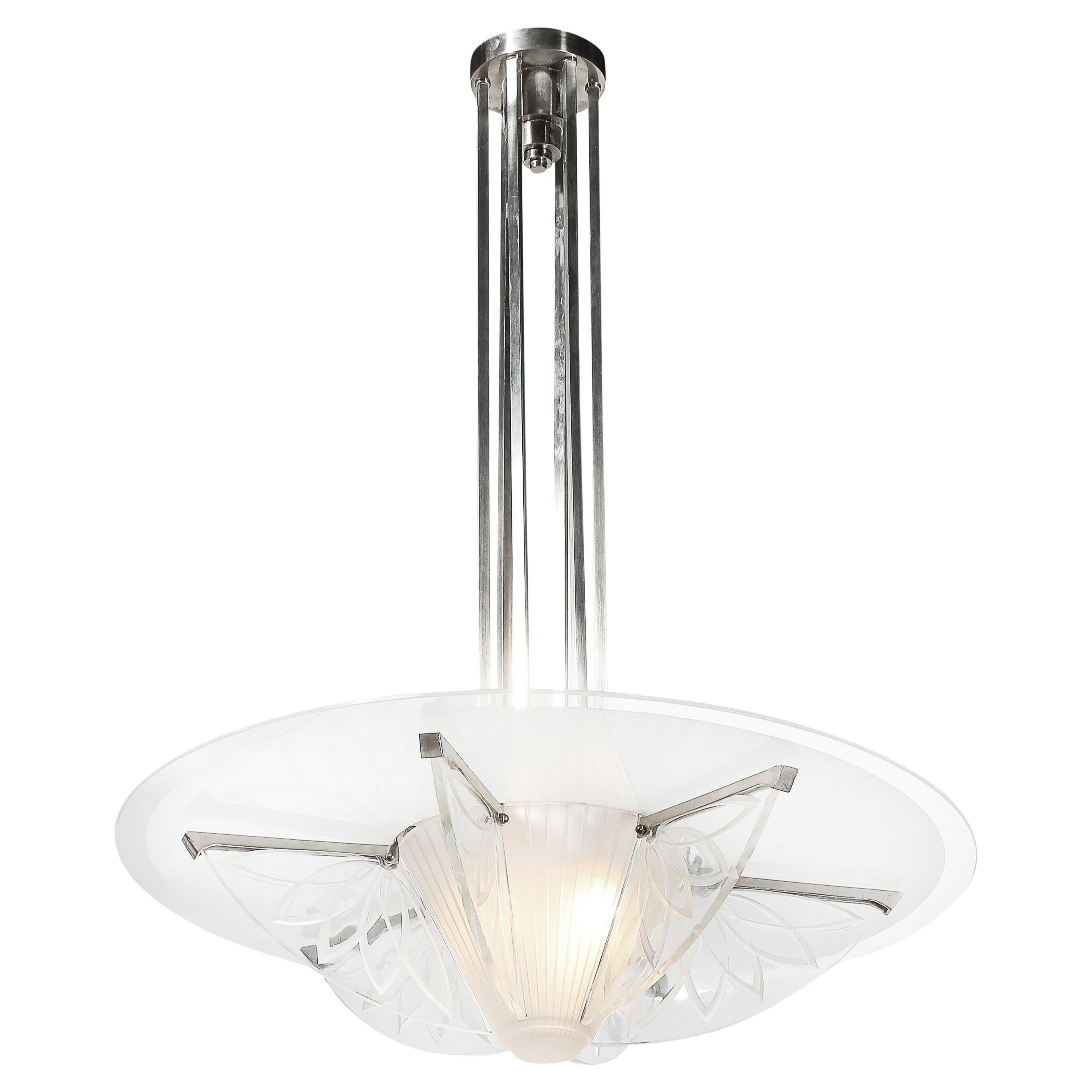 Art Deco Machine Age Frosted, Etched Glass & Nickel Chandelier by Pierre D'Avsen For Sale