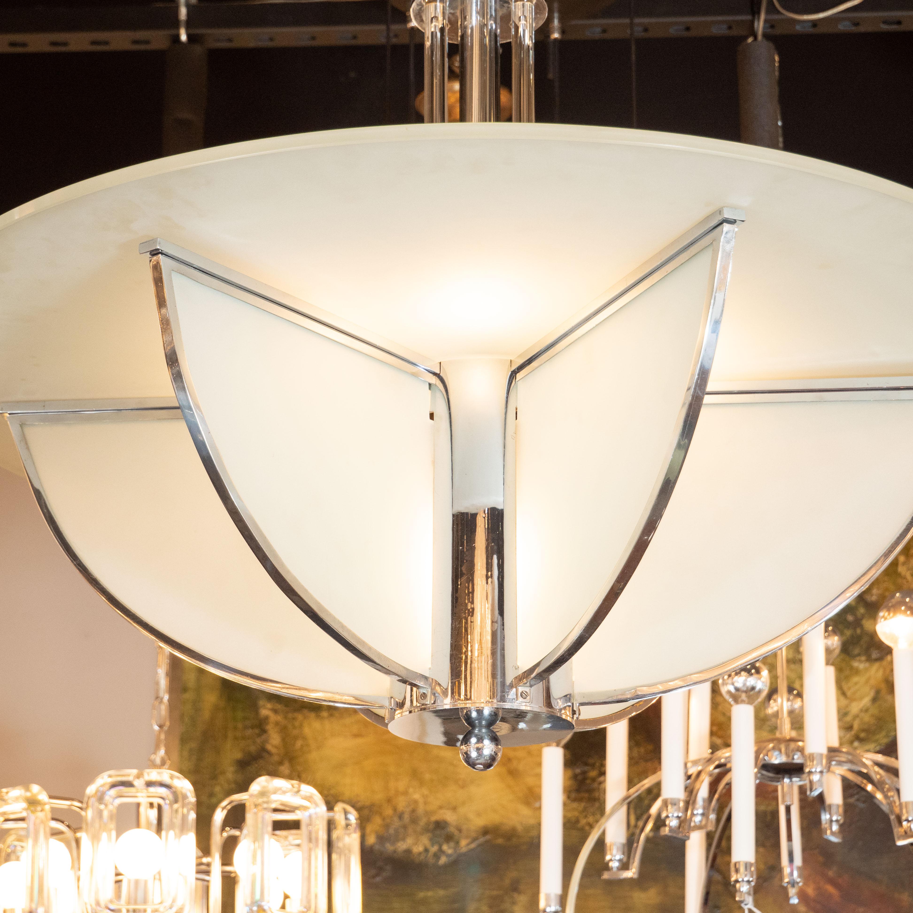 French Art Deco Machine Age Frosted Glass Chandelier, Chrome and Glass Rod Detailing