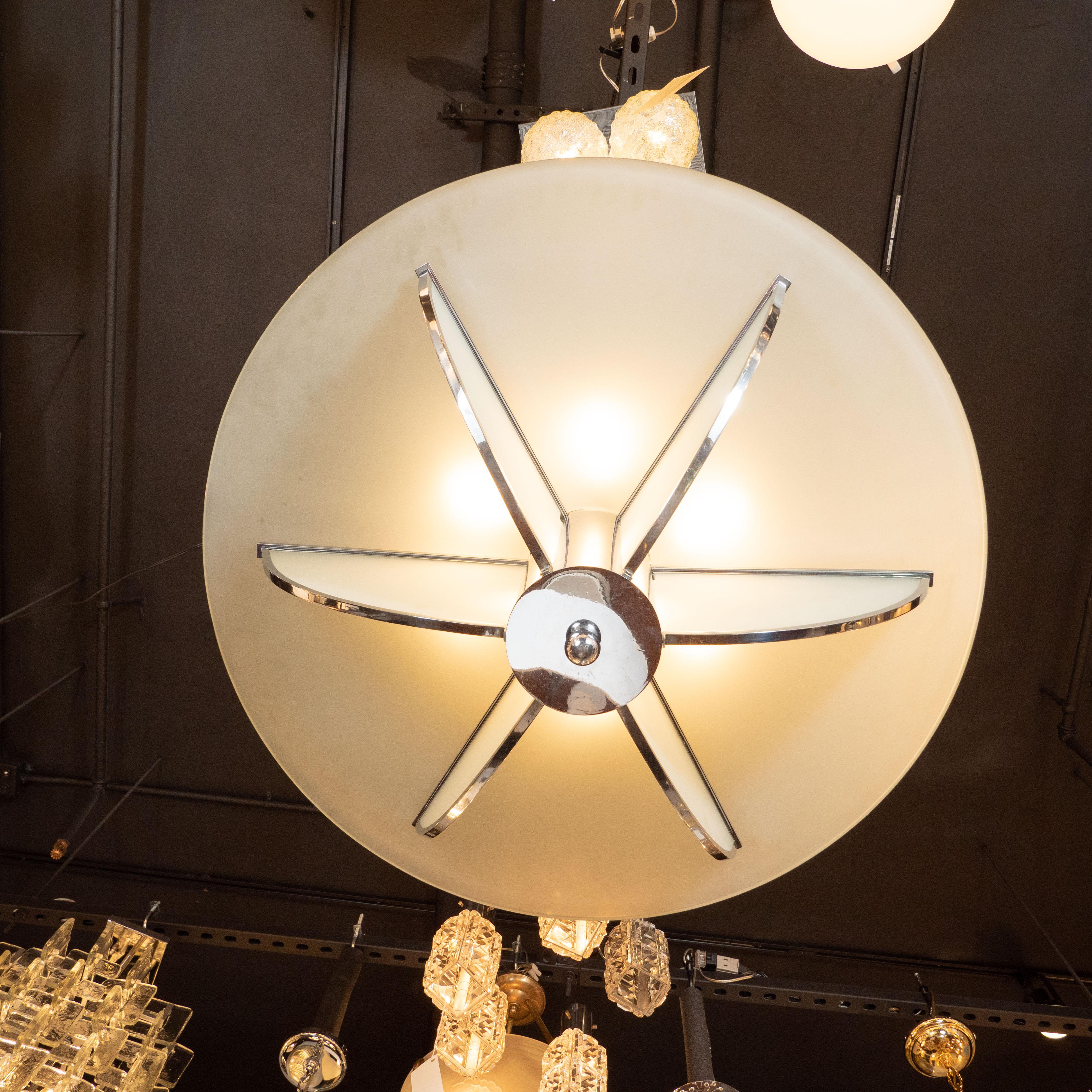 Mid-20th Century Art Deco Machine Age Frosted Glass Chandelier, Chrome and Glass Rod Detailing