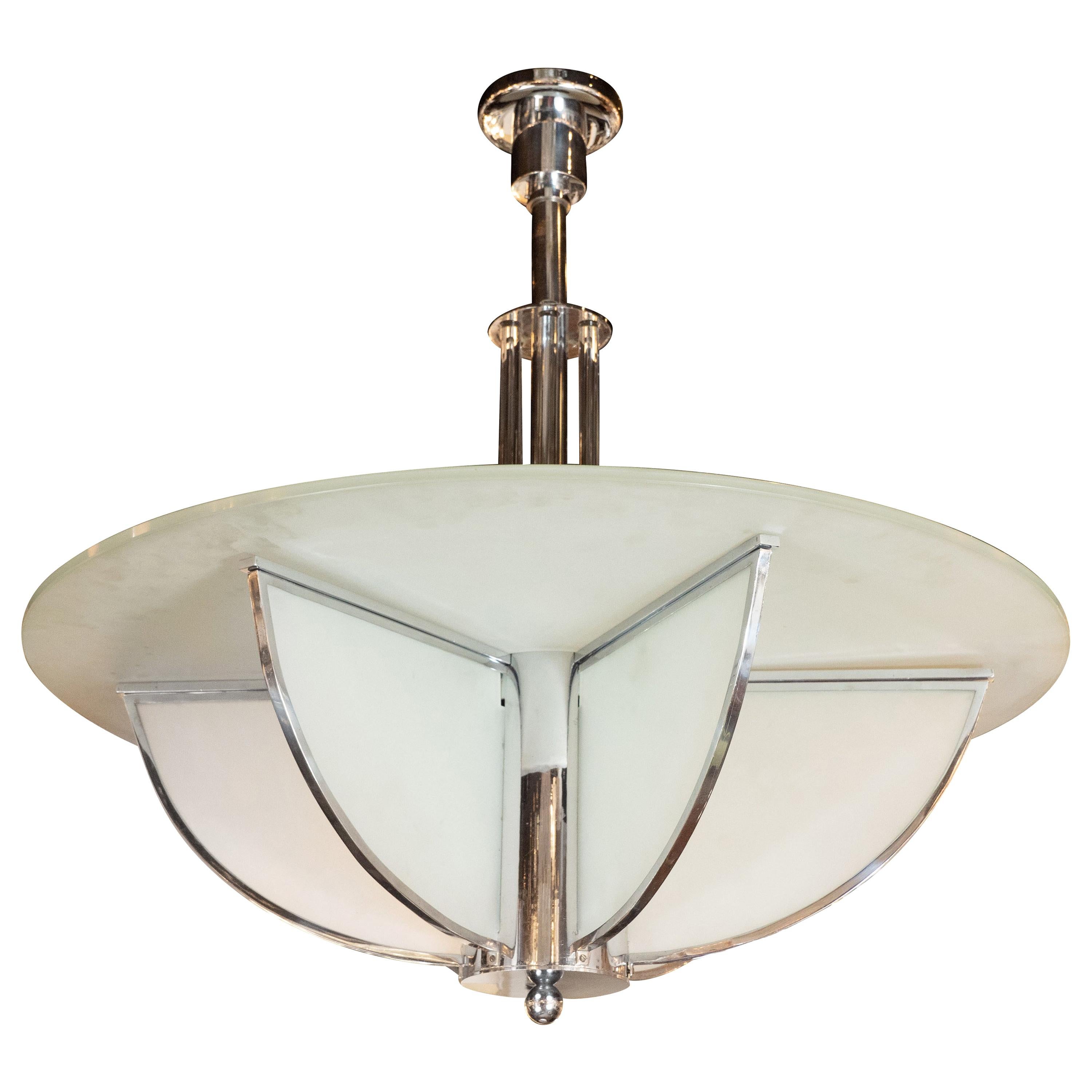 Art Deco Machine Age Frosted Glass Chandelier, Chrome and Glass Rod Detailing