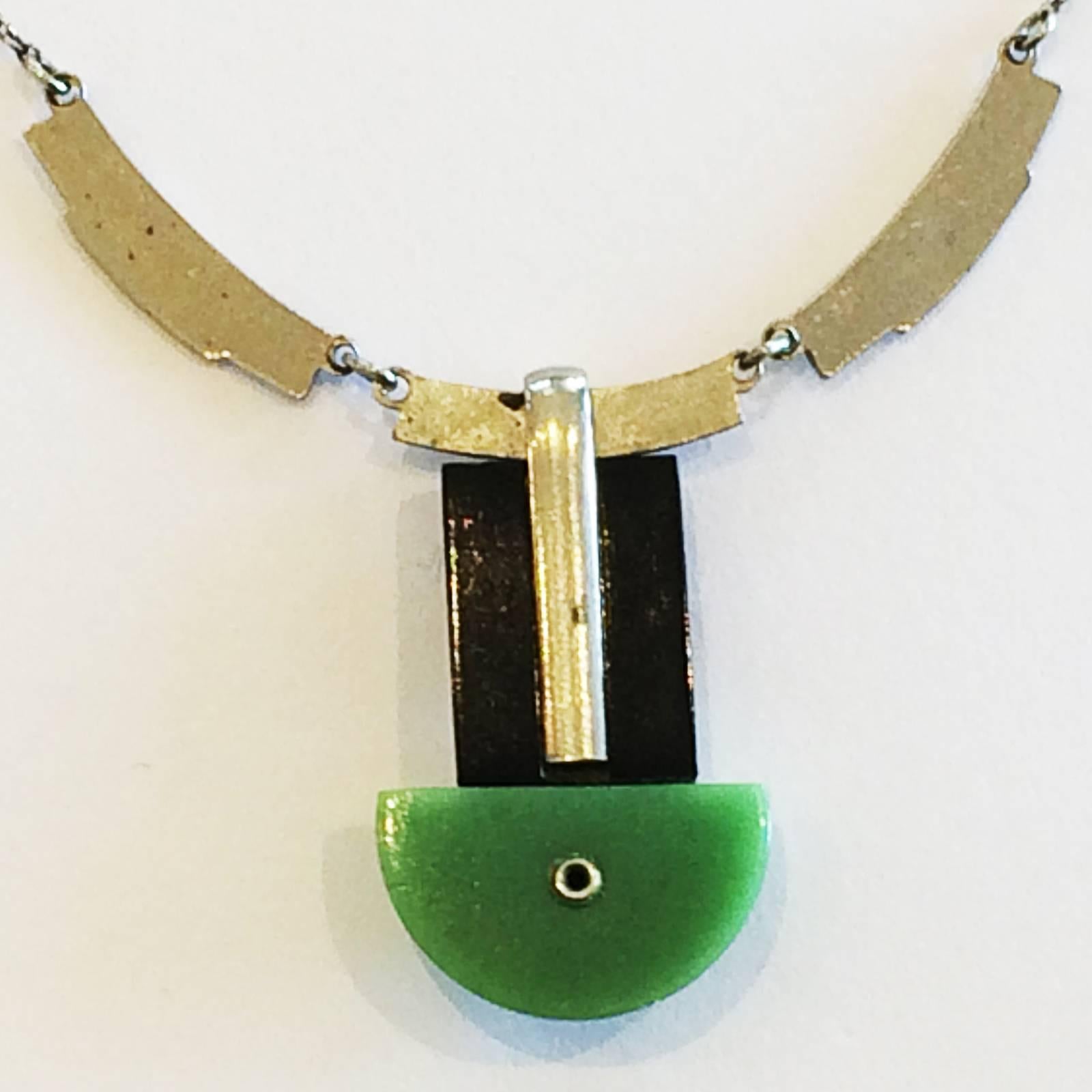 Women's or Men's Art Deco Machine Age Green bakelite necklace by Jacob Bengel