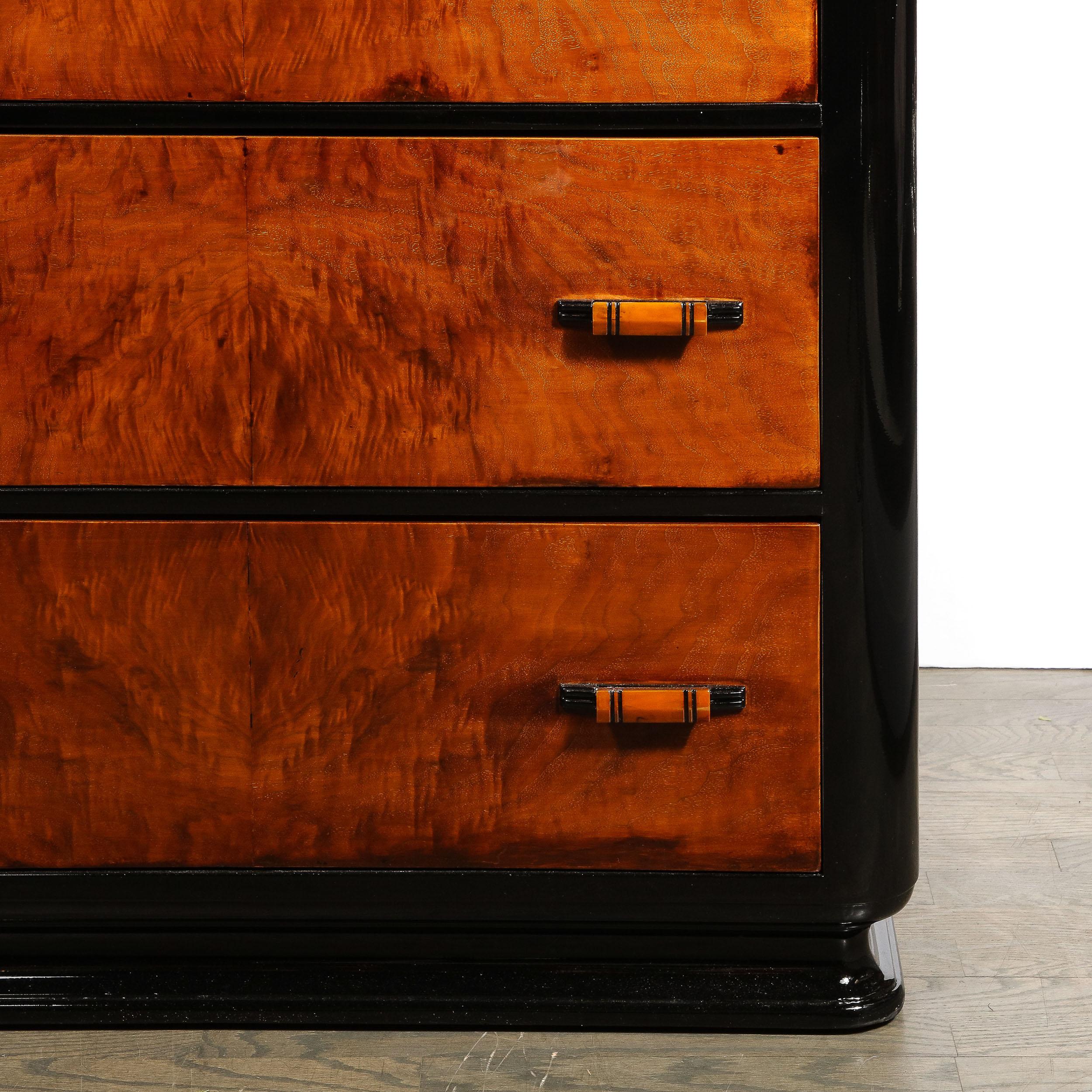 Art Deco Machine Age High Chest in Book-Matched Walnut W/ Bakelite Pulls In Excellent Condition In New York, NY