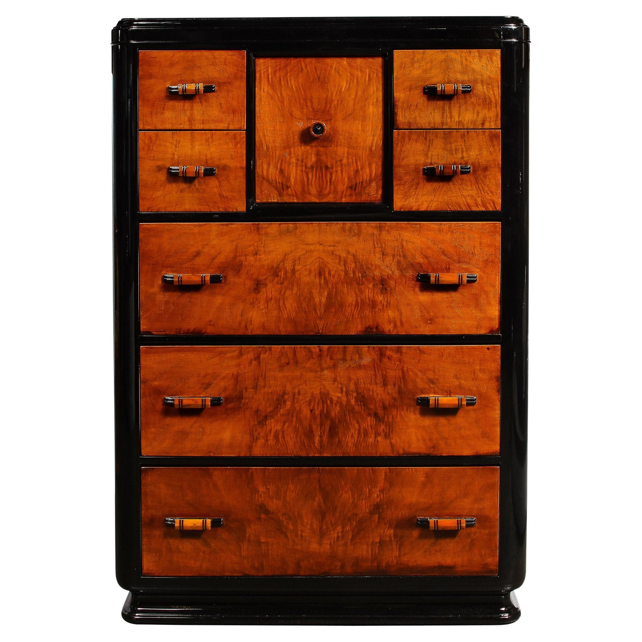 Art Deco Machine Age High Chest in Book-Matched Walnut W/ Bakelite Pulls