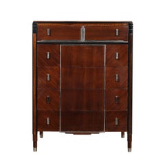 Art Deco Machine Age High Chest in Bookmatched Walnut, Black Lacquer & Chrome