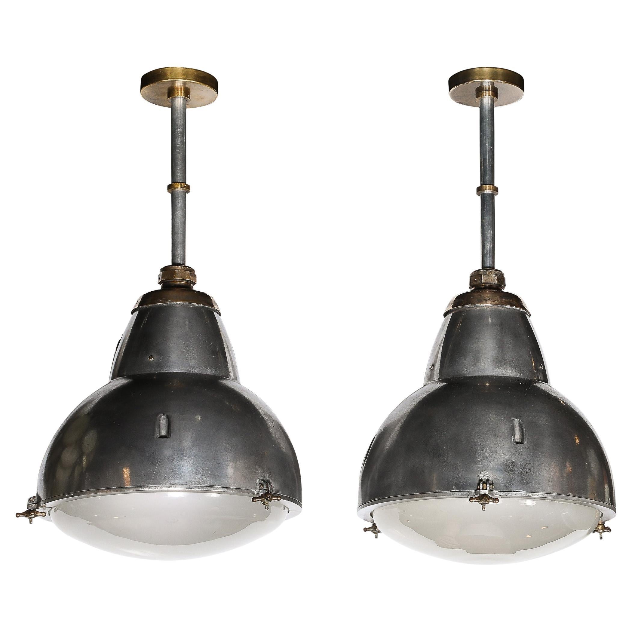 Art Deco Machine Age Industrial Pendants in Polished Aluminum, Bronze & Brass