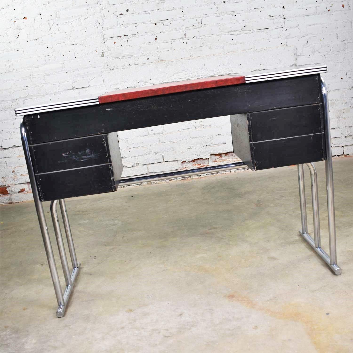 Art Deco Machine Age International Style Chrome & Black Desk Attr Gilbert Rohde For Sale 6