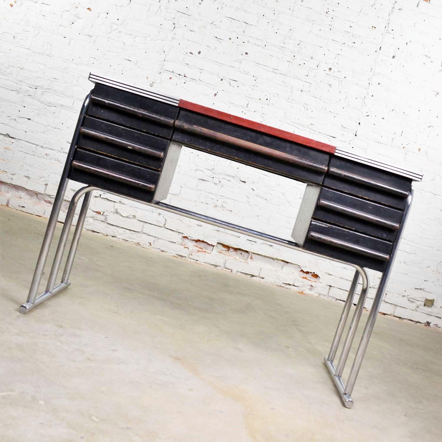 American Art Deco Machine Age International Style Chrome & Black Desk Attr Gilbert Rohde For Sale
