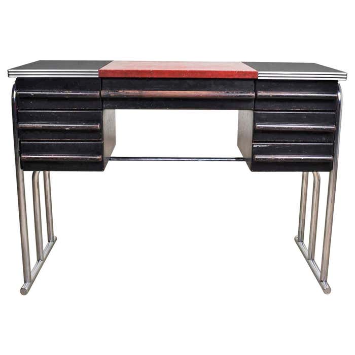Art Deco Machine Age International Style Chrome and Black Desk Attr ...