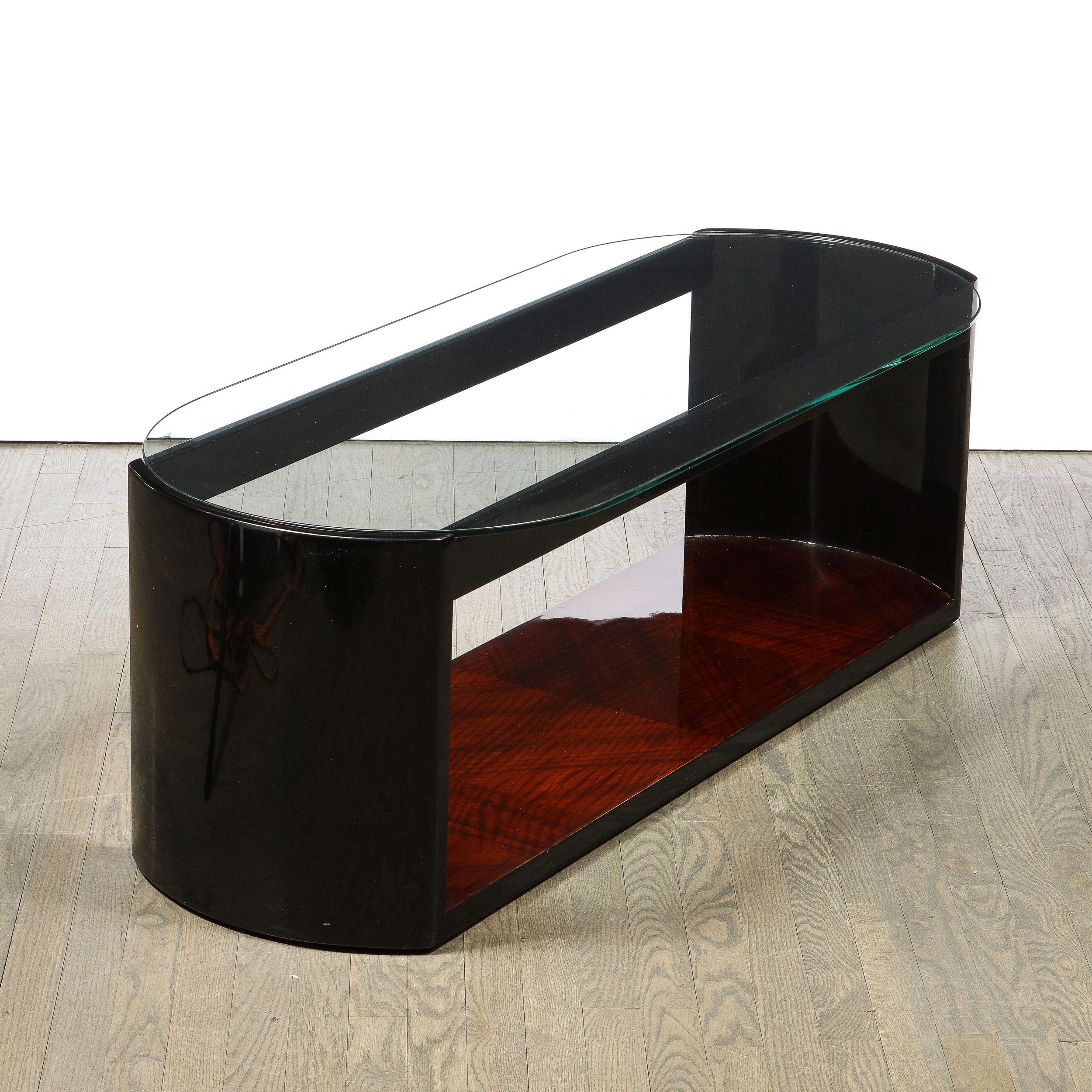 Art Deco Machine Age Lacquer, Glass & Bookmatched Walnut Bullet Cocktail Table 5