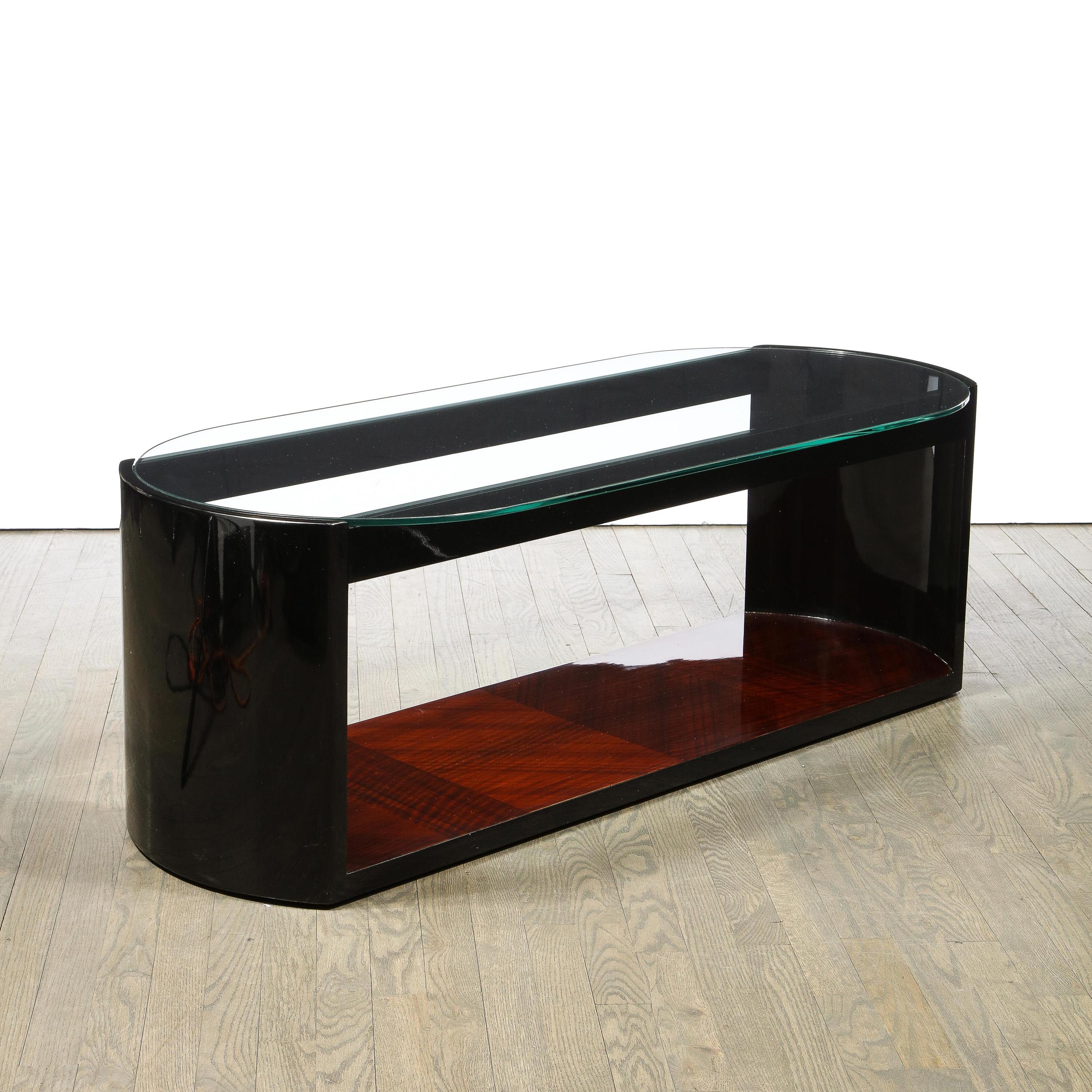 Art Deco Machine Age Lacquer, Glass & Bookmatched Walnut Bullet Cocktail Table 6