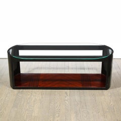 Art Deco Machine Age Lacquer, Glass & Bookmatched Walnut Bullet Cocktail Table