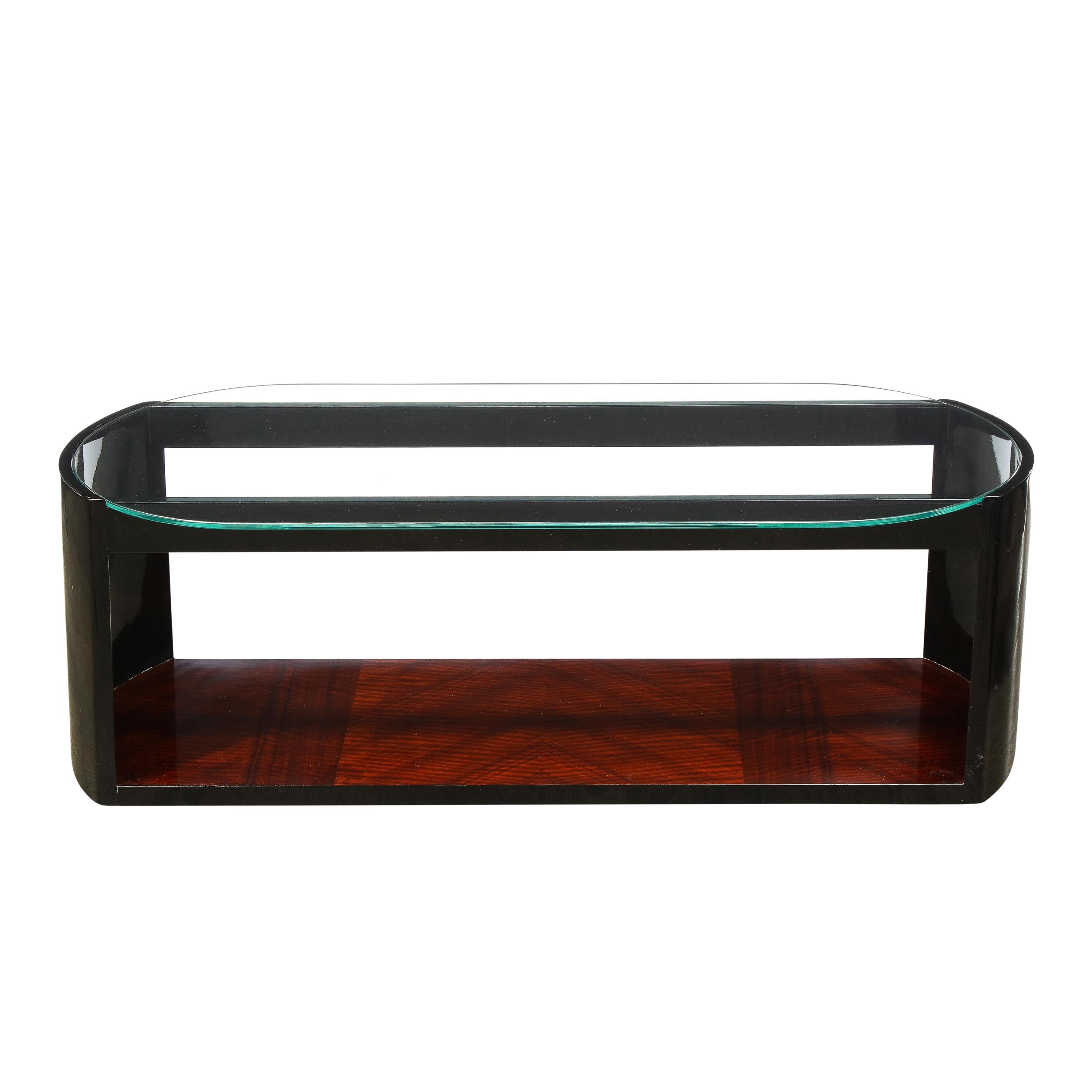 American Art Deco Machine Age Lacquer, Glass & Bookmatched Walnut Bullet Cocktail Table