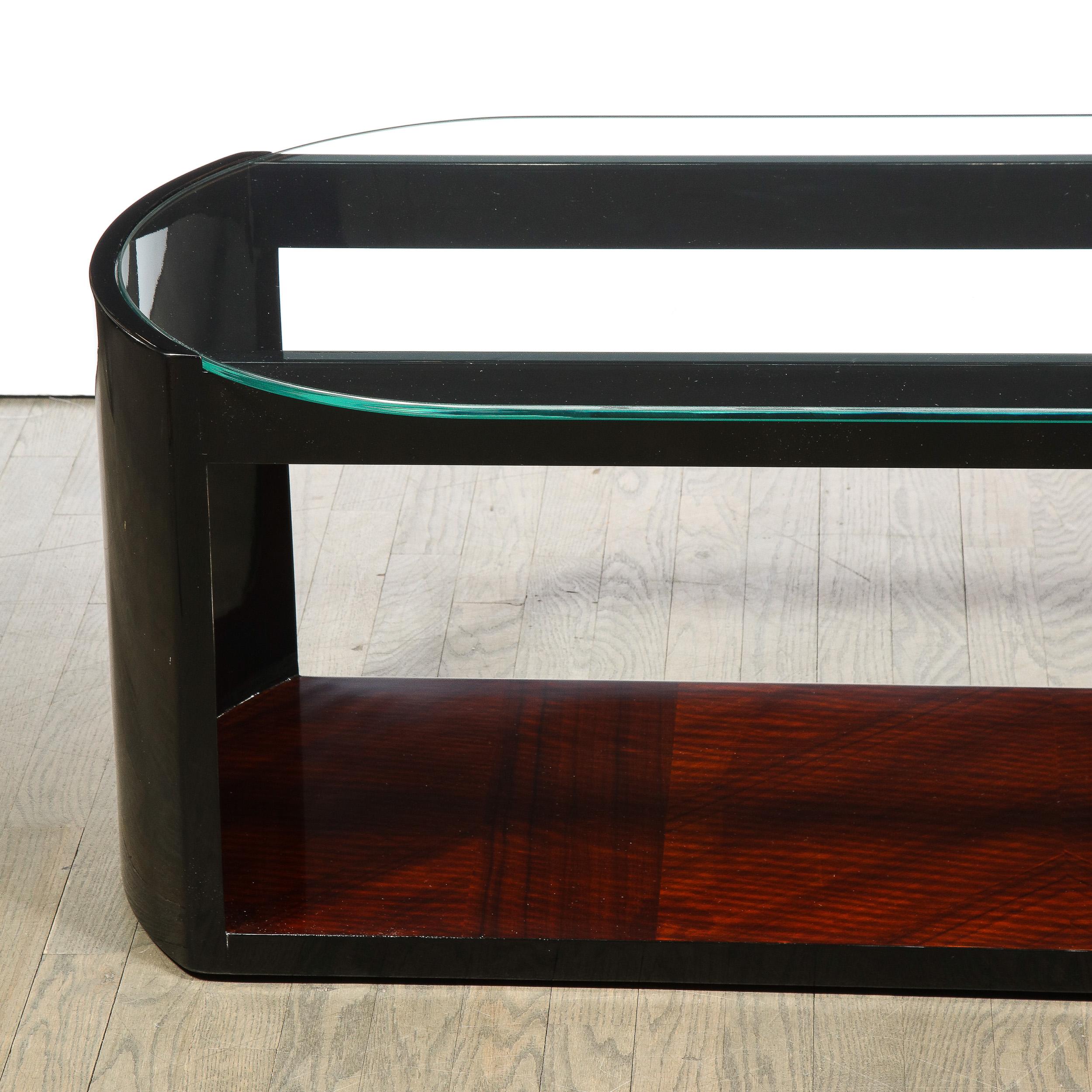 Art Deco Machine Age Lacquer, Glass & Bookmatched Walnut Bullet Cocktail Table In Excellent Condition In New York, NY