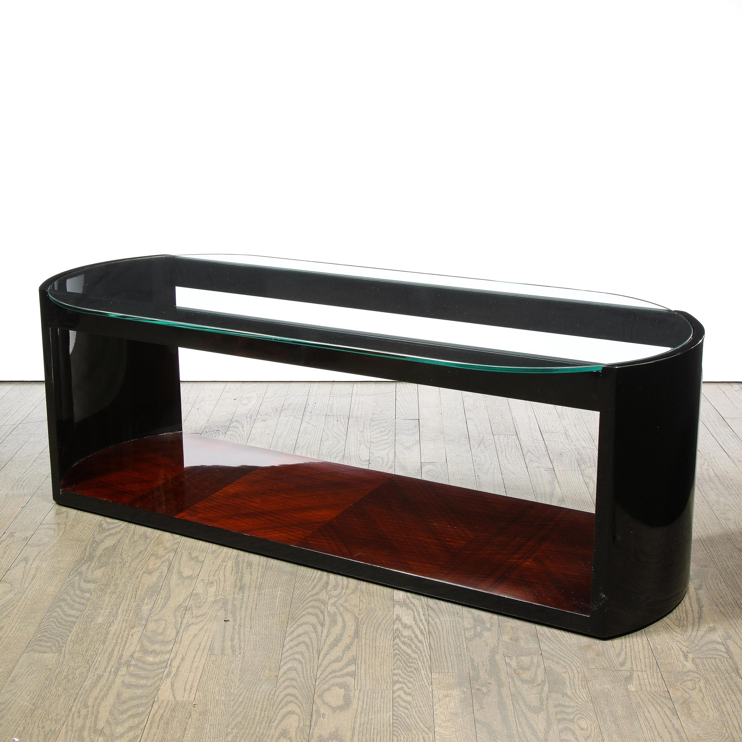 Mid-20th Century Art Deco Machine Age Lacquer, Glass & Bookmatched Walnut Bullet Cocktail Table