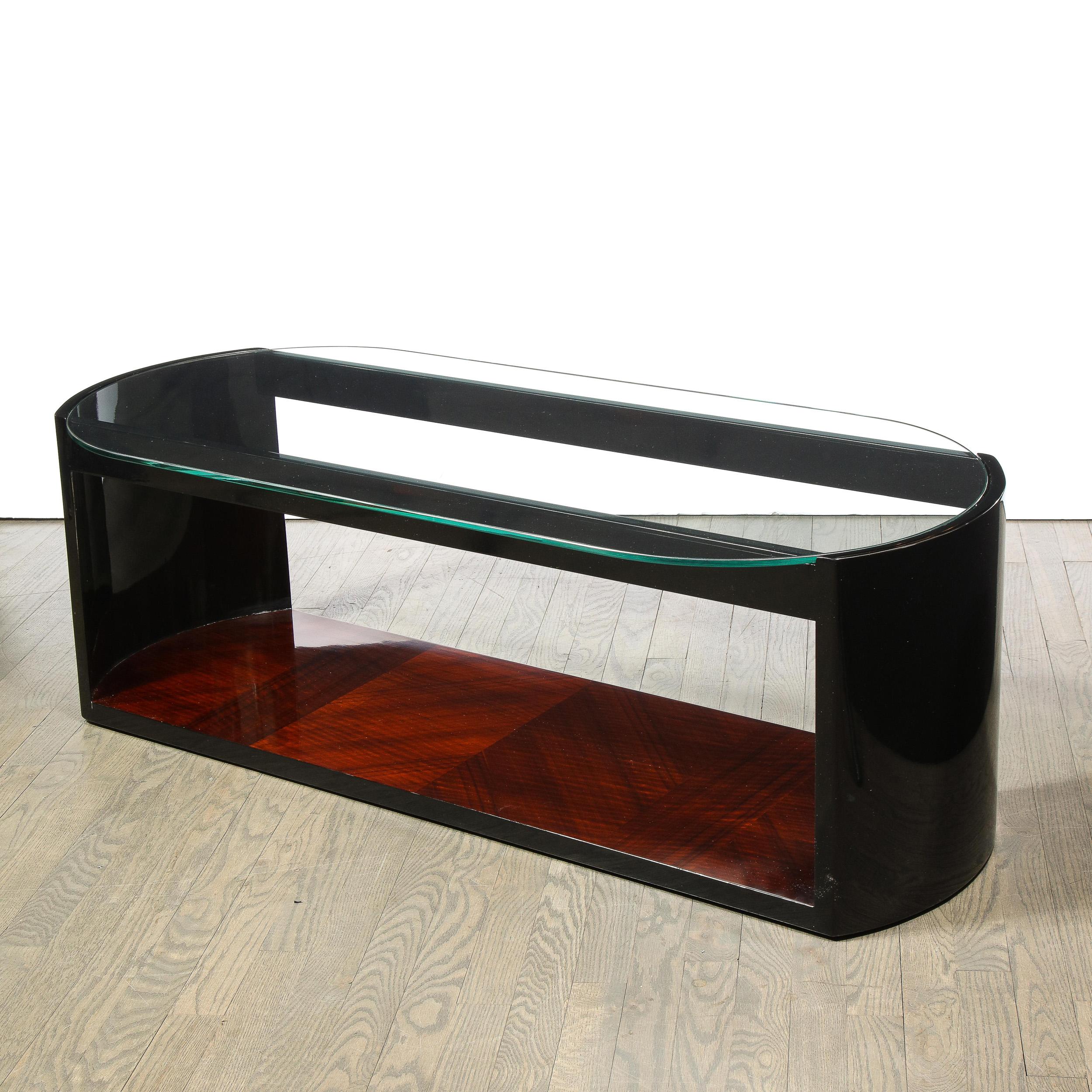 Art Deco Machine Age Lacquer, Glass & Bookmatched Walnut Bullet Cocktail Table 1