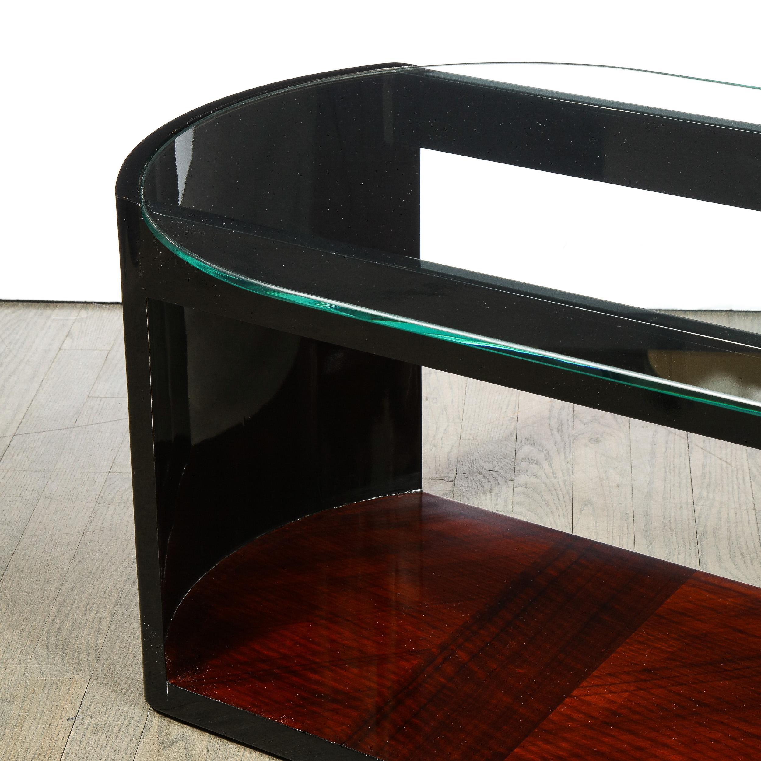 Art Deco Machine Age Lacquer, Glass & Bookmatched Walnut Bullet Cocktail Table 2