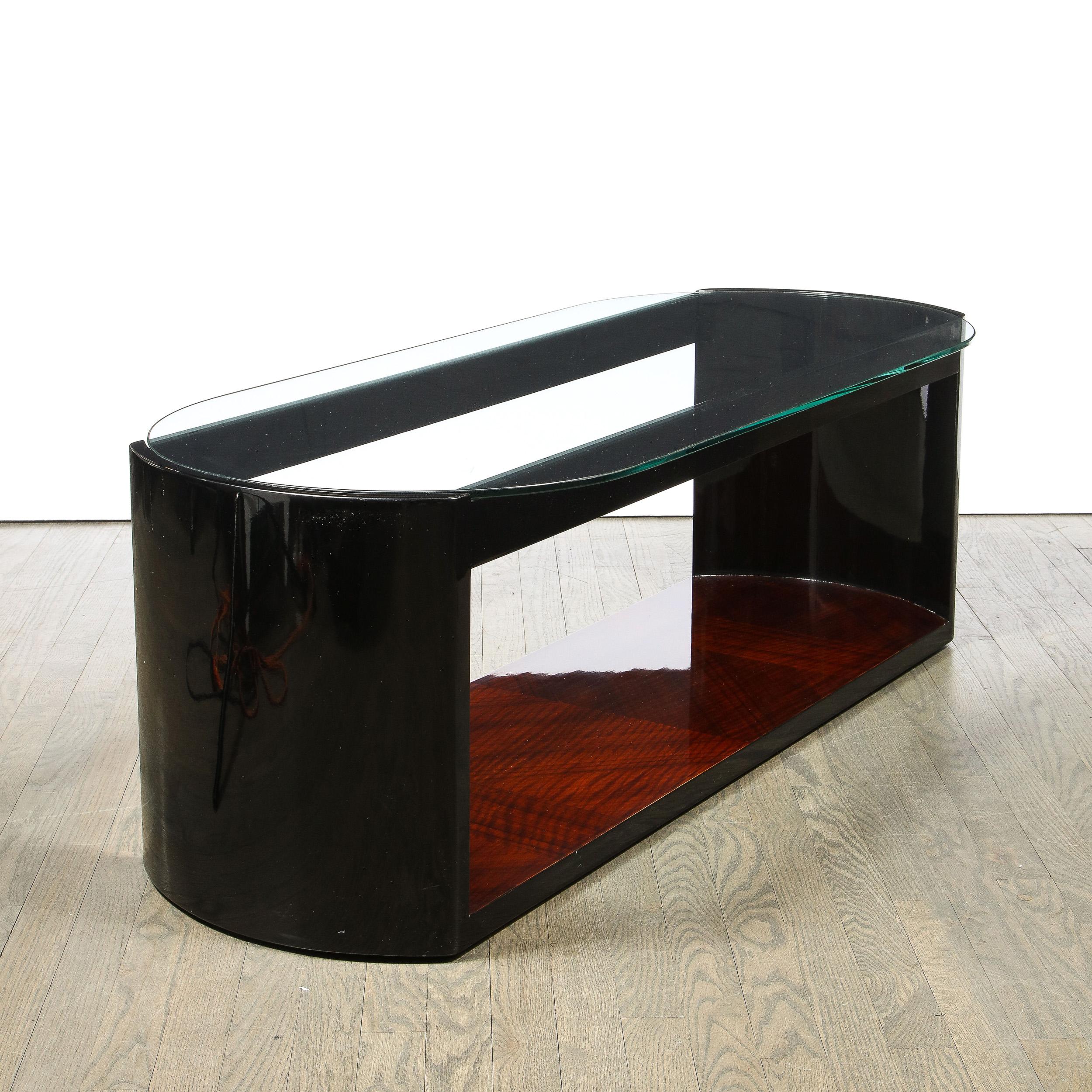 Art Deco Machine Age Lacquer, Glass & Bookmatched Walnut Bullet Cocktail Table 4