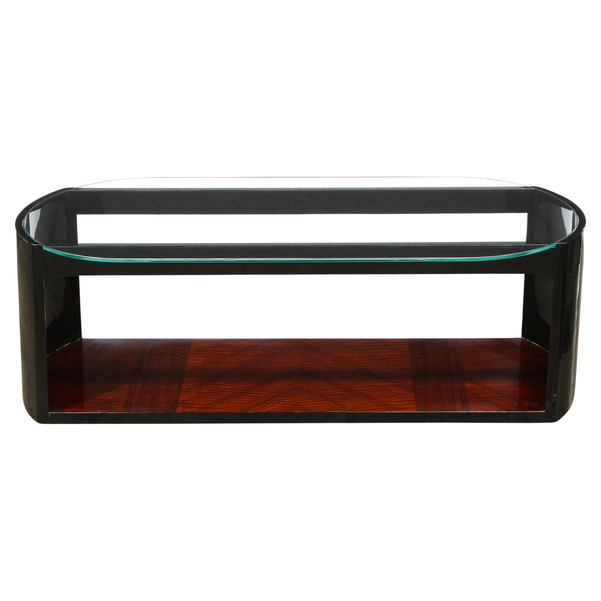 Art Deco Machine Age Lacquer, Glass & Bookmatched Walnut Bullet Cocktail Table