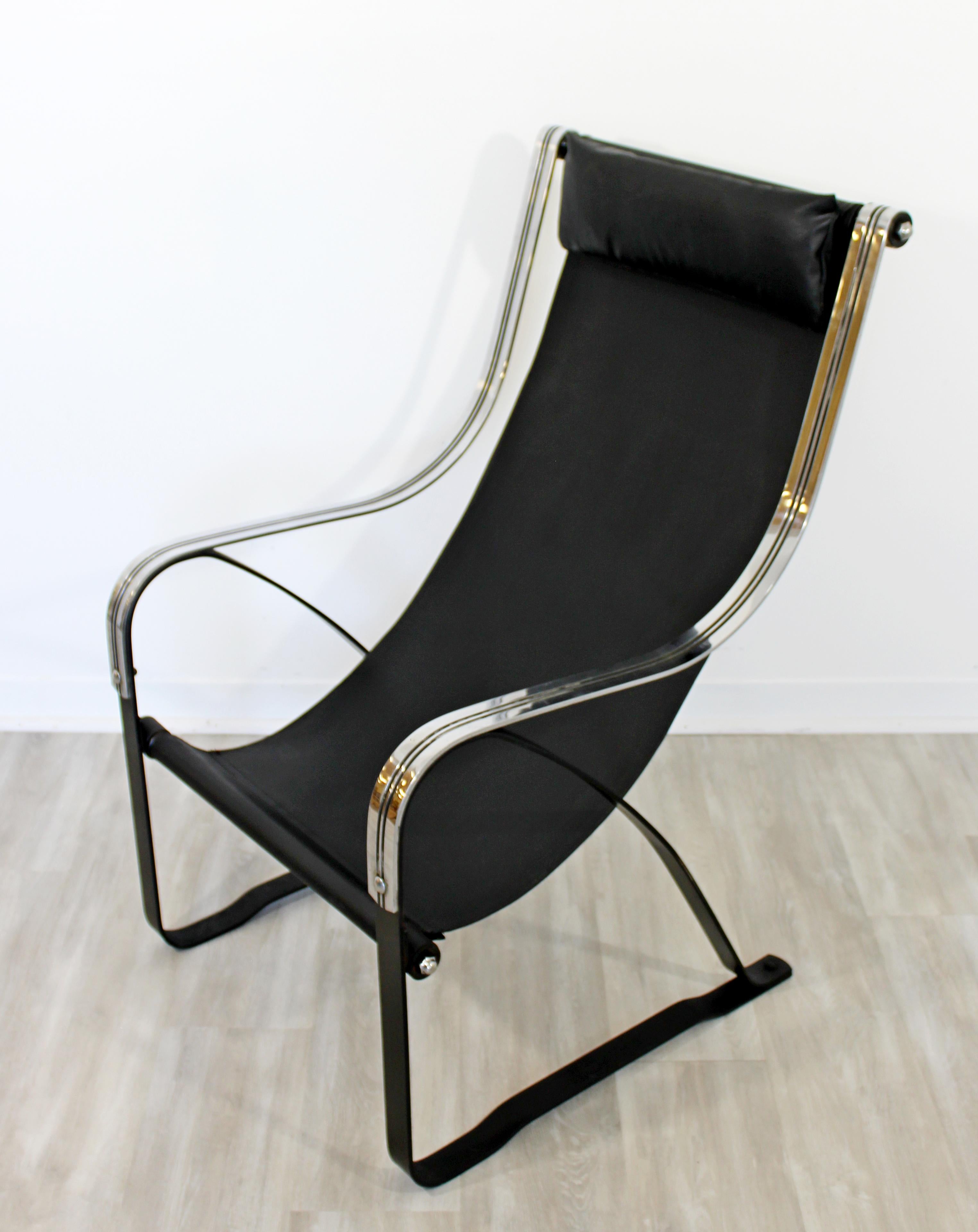 For your consideration is a phenomenal, sling, cantilever chrome armchair, with a high back and black leather upholstery, by McKay Craft, circa 1930s. In excellent antique condition. The dimensions are 24