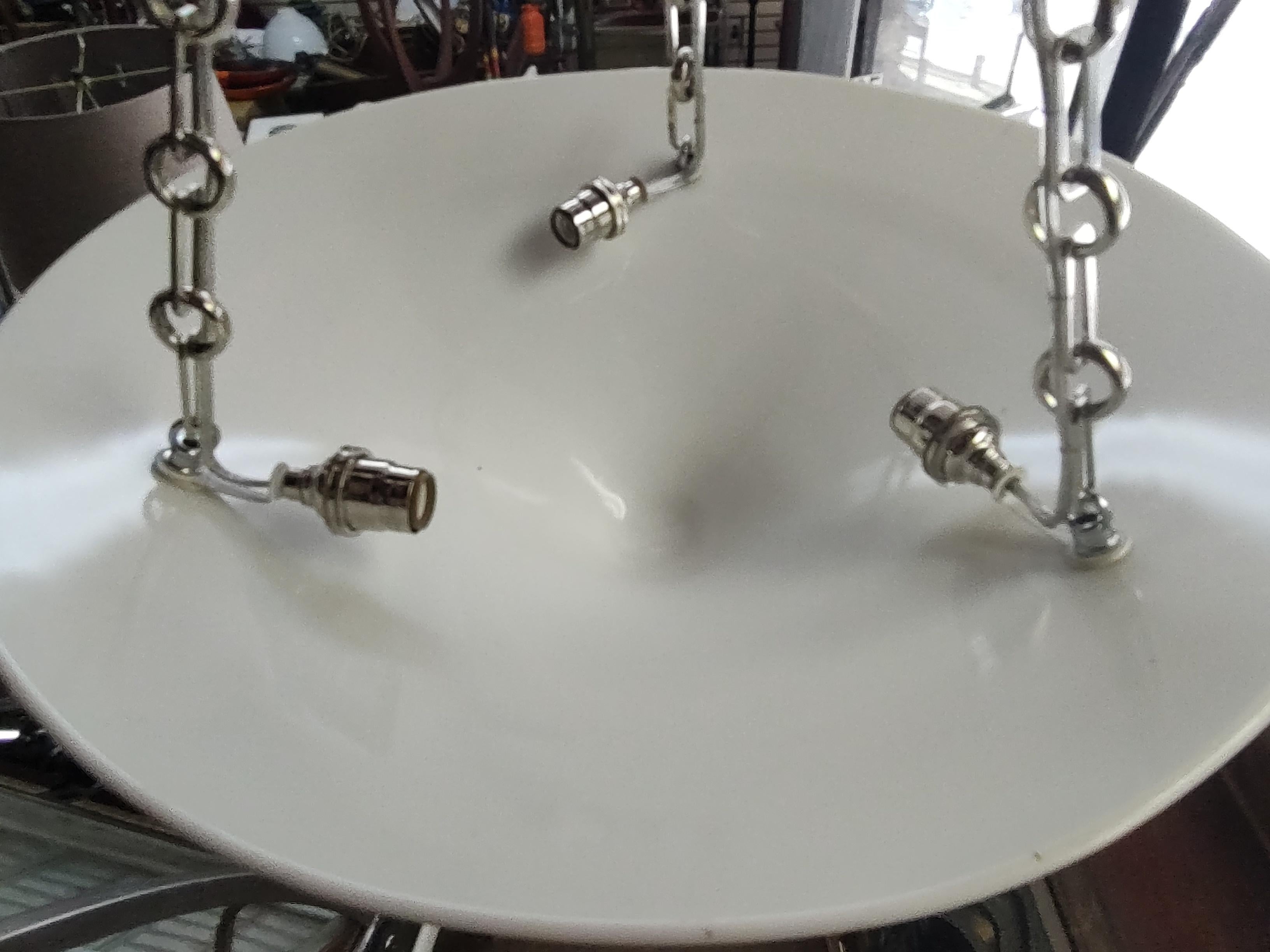 Mid-20th Century Art Deco Machine Age Milk Glass with Nickel Pendant Lamps 3 Available  For Sale