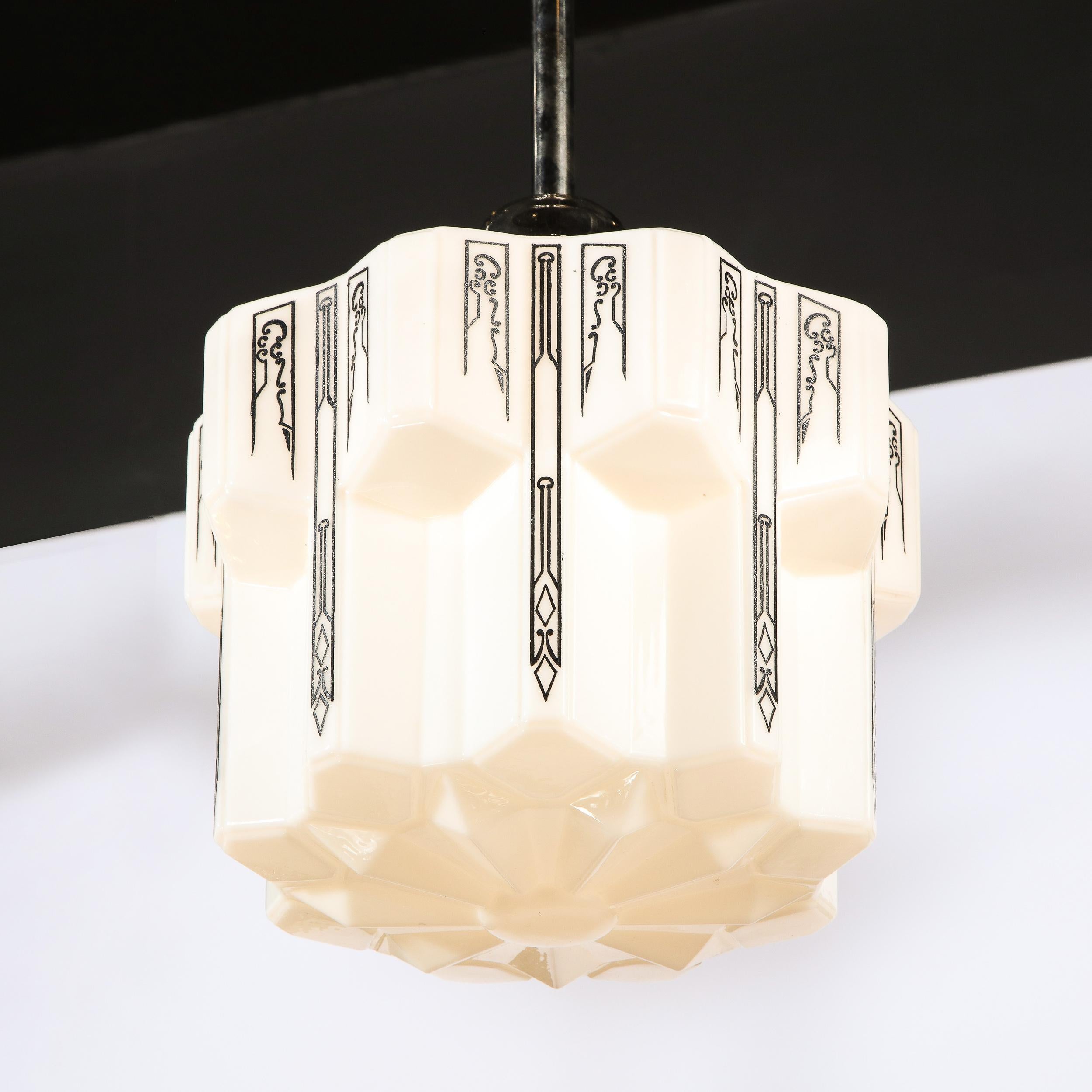 Art Deco Machine Age Milk Glass Pendant w/ Curvilinear Black Etched Details For Sale 5