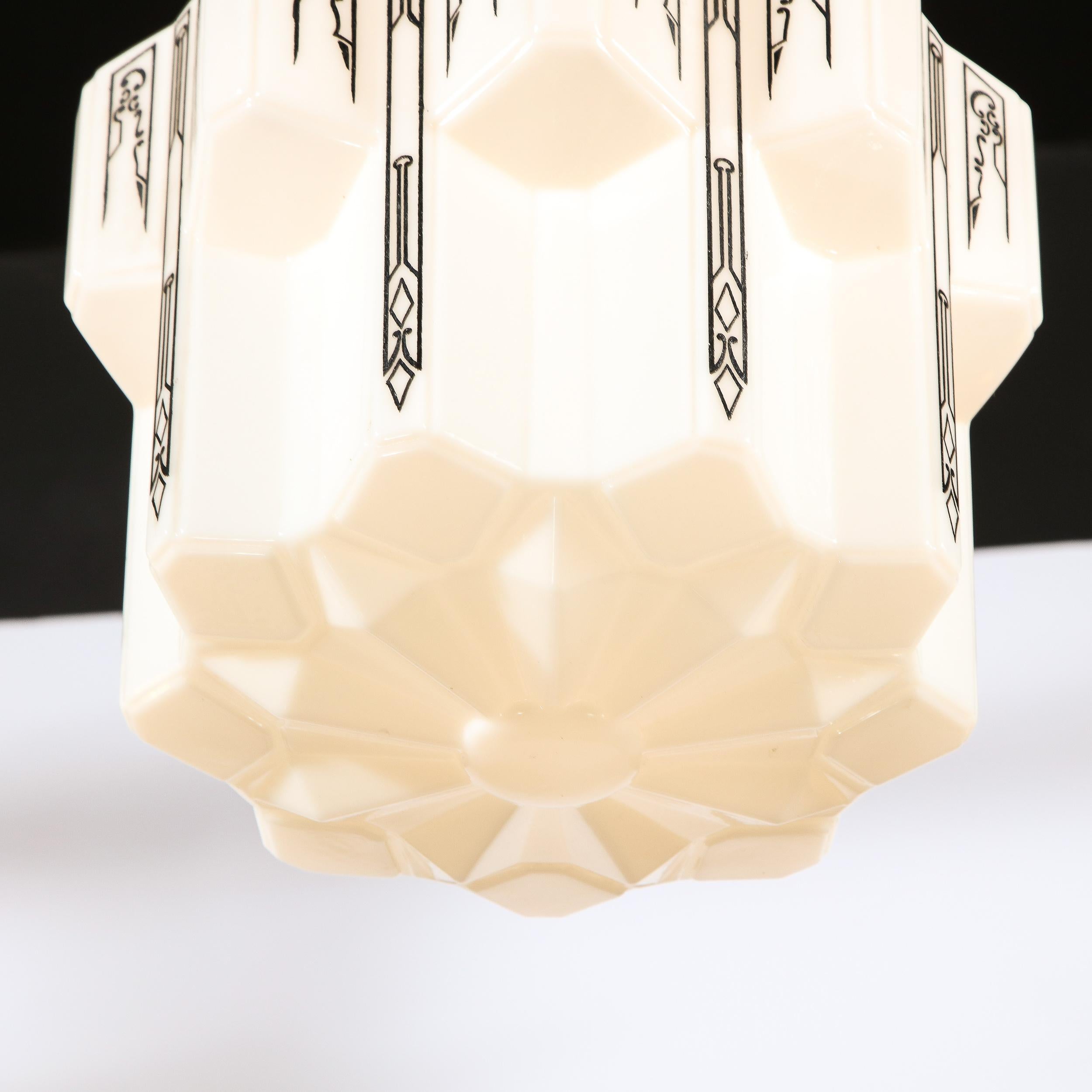 Art Deco Machine Age Milk Glass Pendant w/ Curvilinear Black Etched Details For Sale 1
