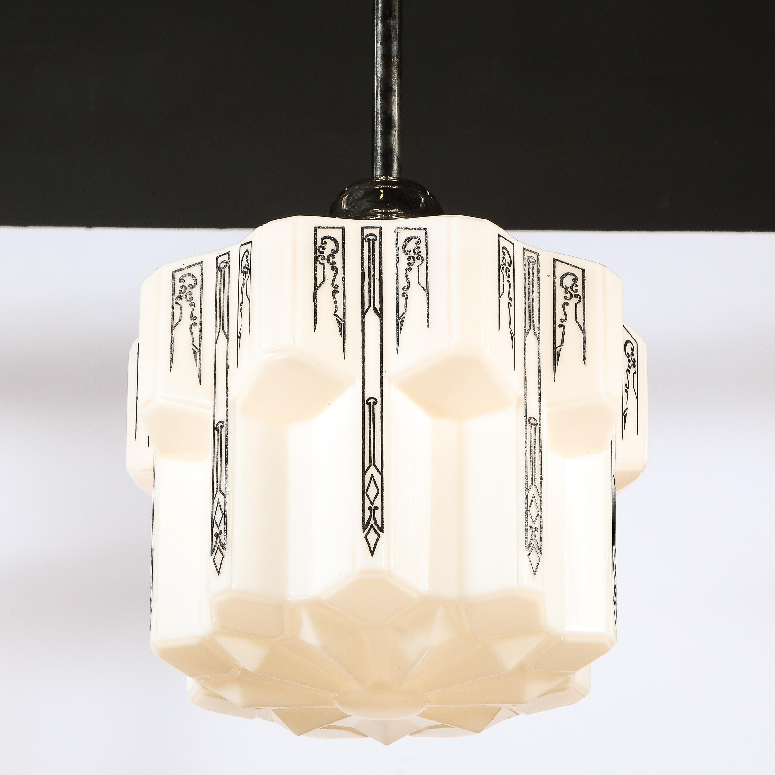 Art Deco Machine Age Milk Glass Pendant w/ Curvilinear Black Etched Details For Sale 2