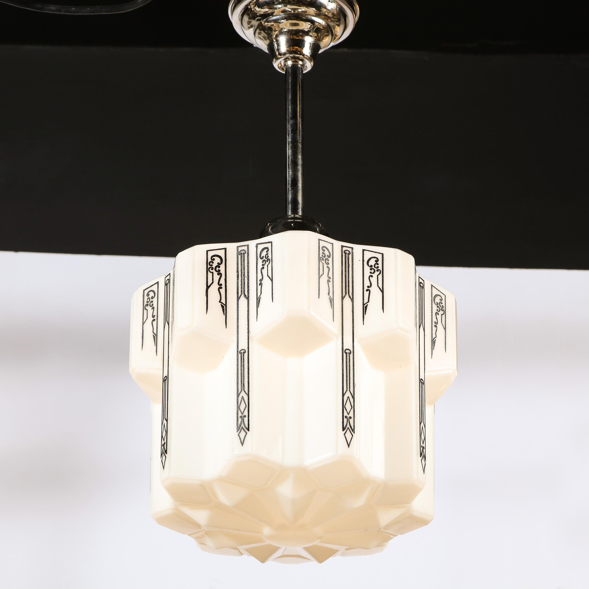 Art Deco Machine Age Milk Glass Pendant w/ Curvilinear Black Etched Details For Sale 3