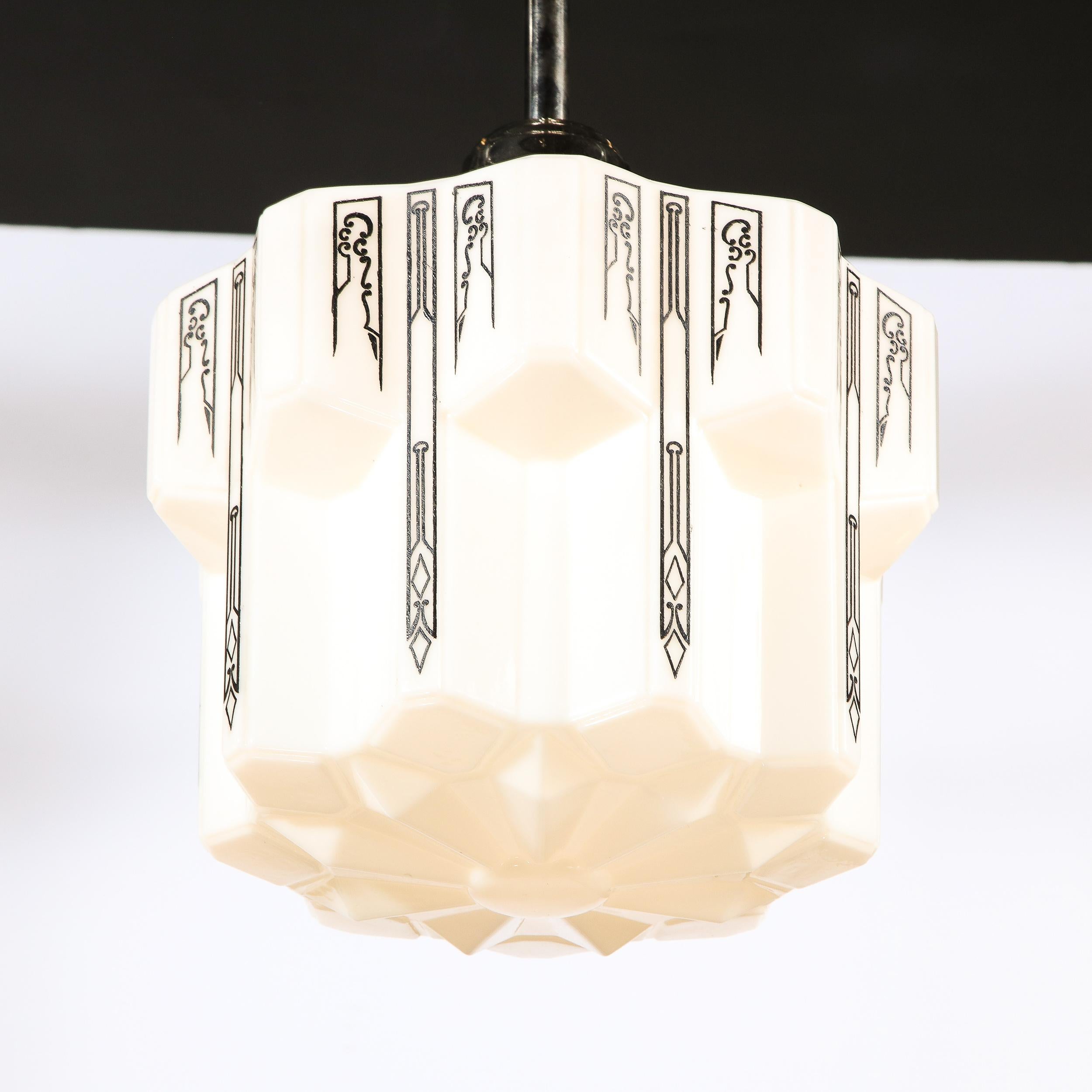 Art Deco Machine Age Milk Glass Pendant w/ Curvilinear Black Etched Details For Sale 4