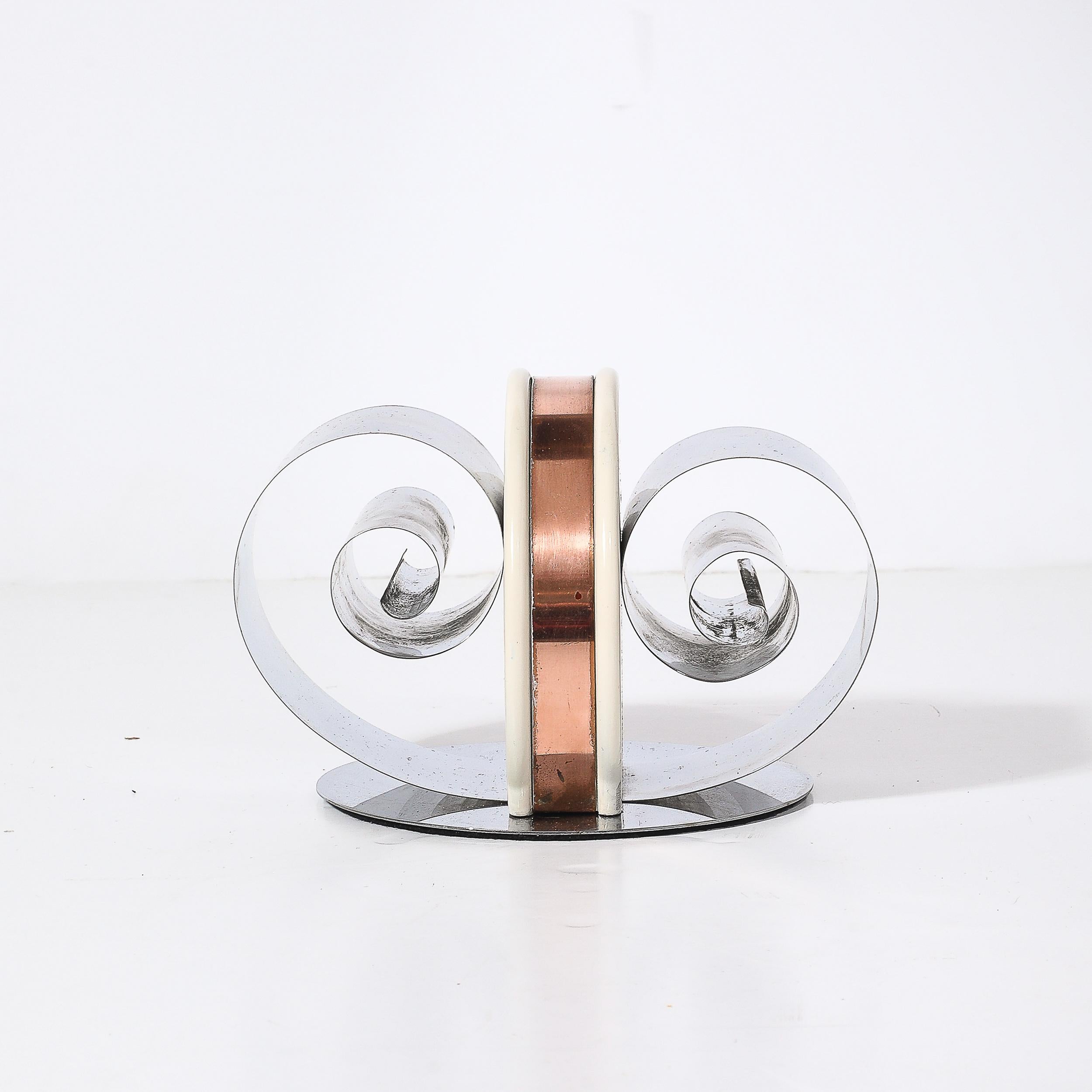 Art Deco Machine Age Paper/Book Holder in Spring Steel, Cream Enamel & Copper Cobre en venta