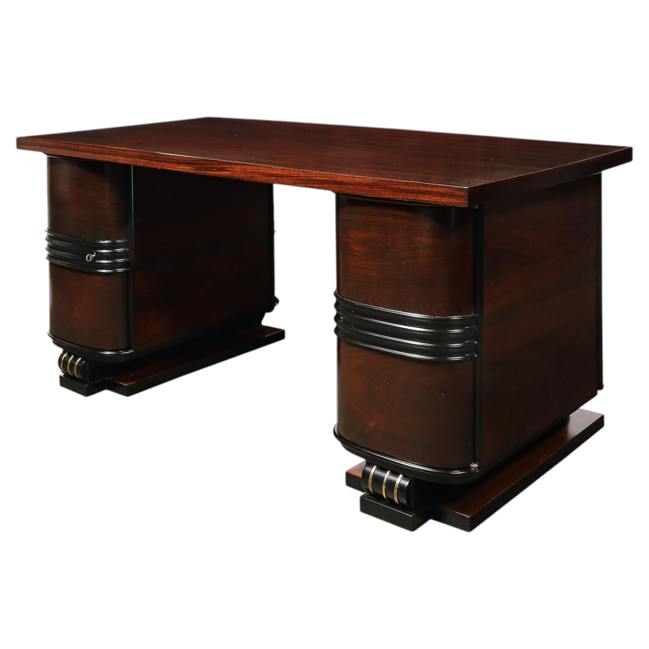 Art Deco Machine Age Partner Desk in Rosewood with Ebonized Fluted Detailing For Sale