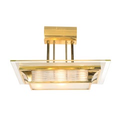 Lustre Art Déco en laiton poli à tige de verre de l'âge de Machin par PETITOT