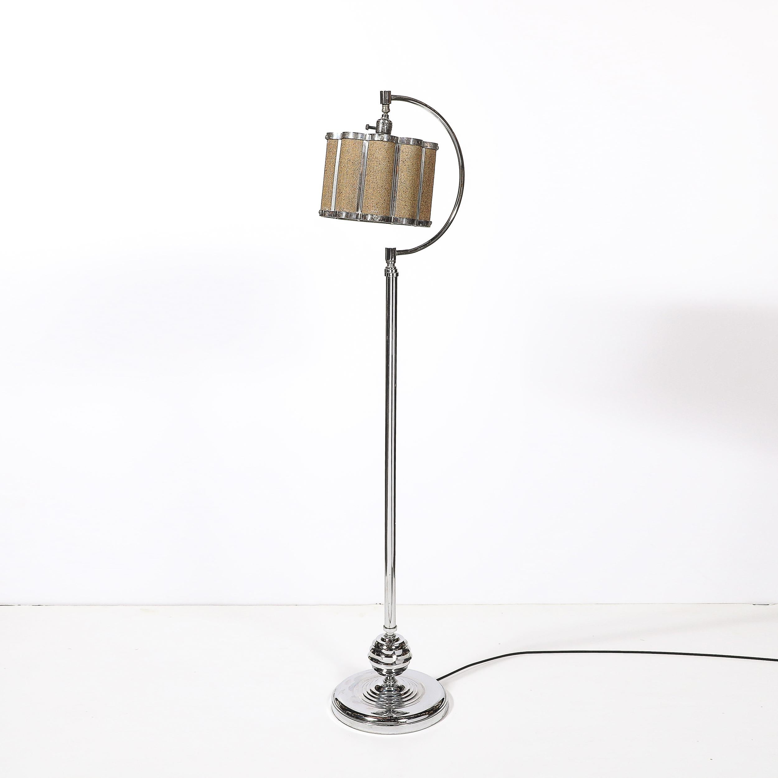 Art Deco Machine Age Polished Chrome Floor Lamp w/ Scalloped Metal Mesh Shade For Sale 6