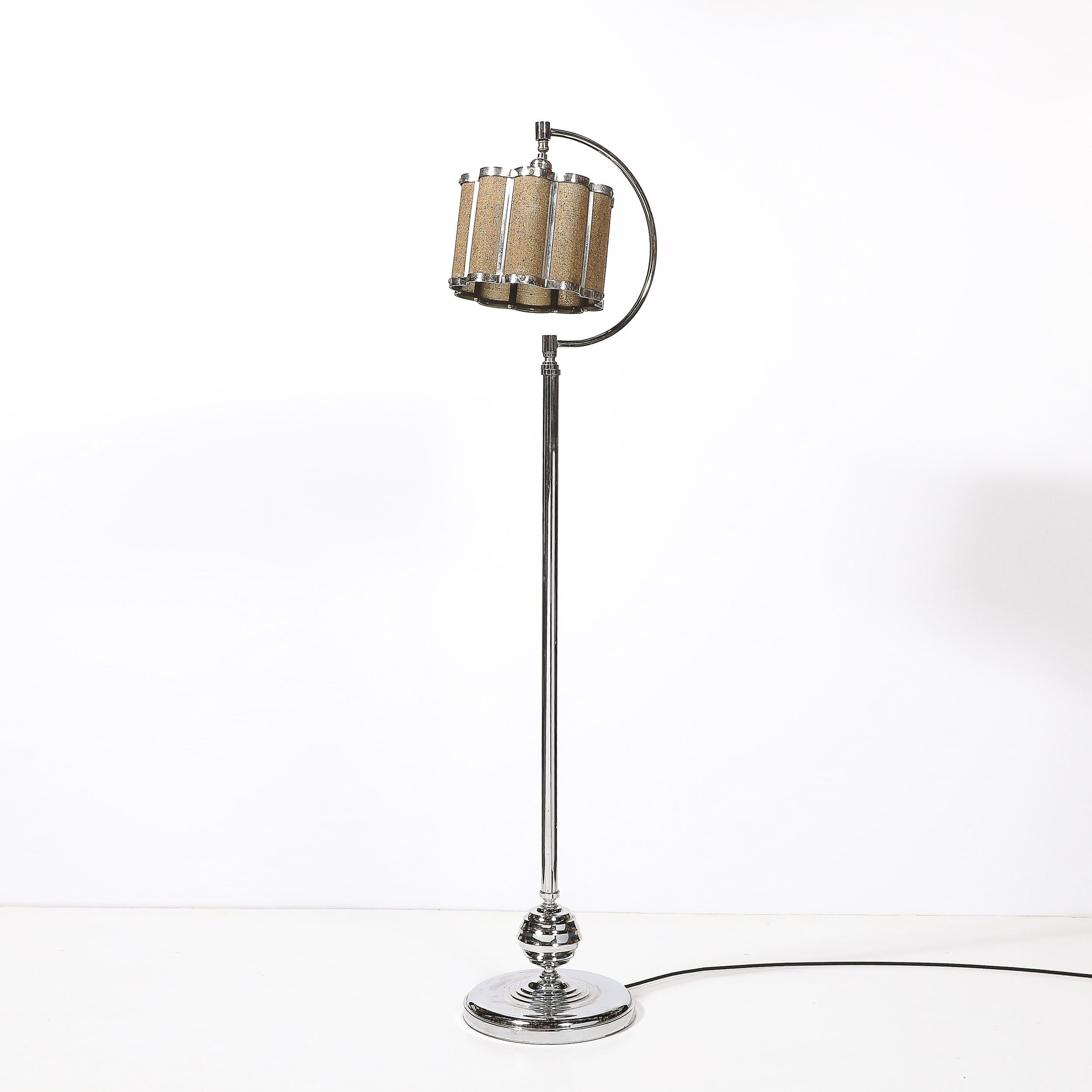 Art Deco Machine Age Polished Chrome Floor Lamp w/ Scalloped Metal Mesh Shade For Sale 8