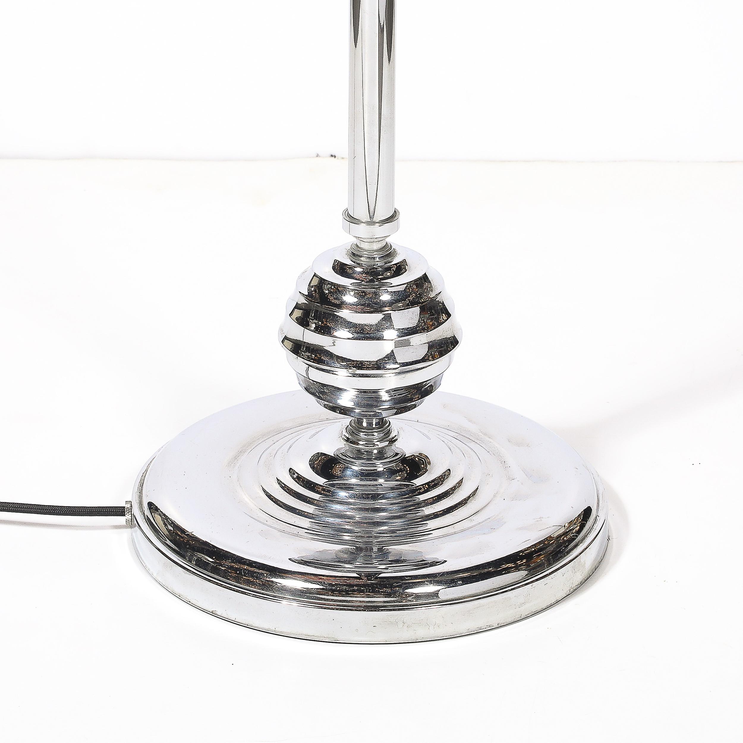 Art Deco Machine Age Polished Chrome Floor Lamp w/ Scalloped Metal Mesh Shade In Excellent Condition For Sale In New York, NY