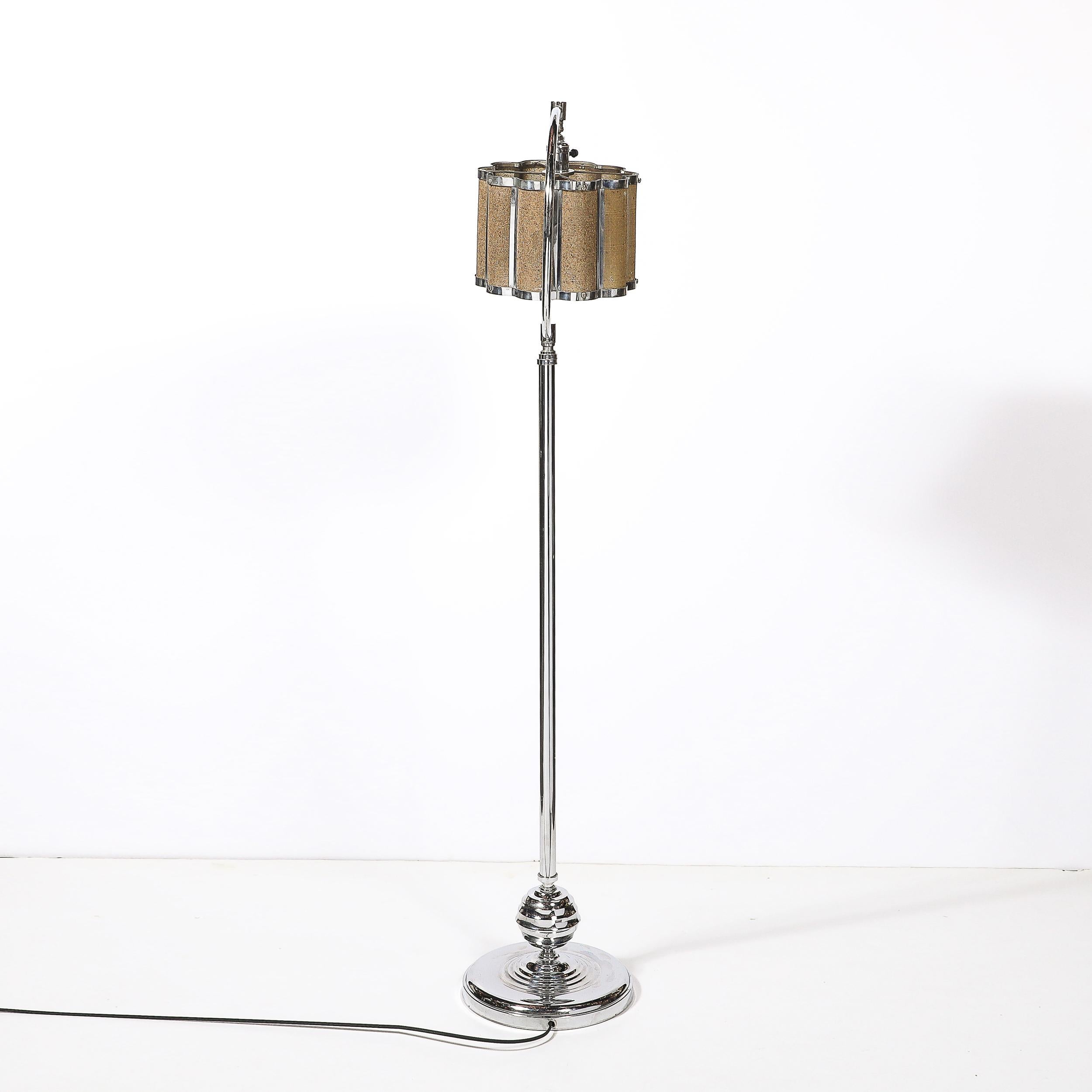 Art Deco Machine Age Polished Chrome Floor Lamp w/ Scalloped Metal Mesh Shade For Sale 2