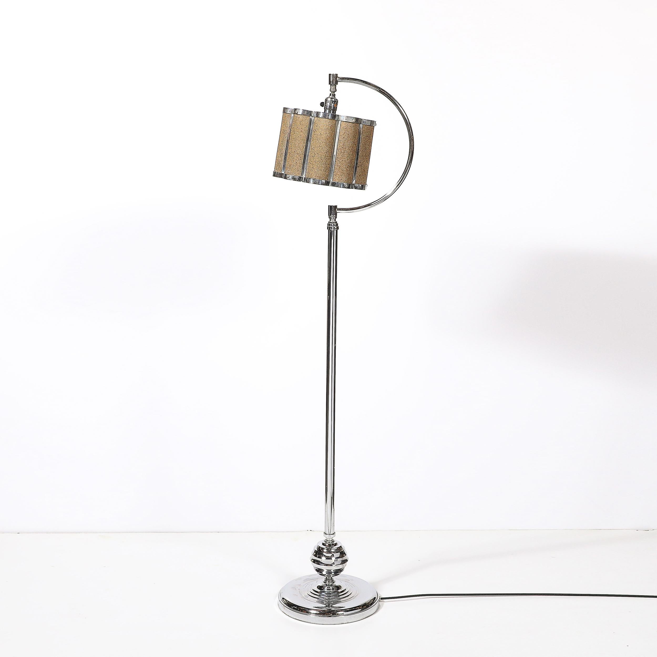 Art Deco Machine Age Polished Chrome Floor Lamp w/ Scalloped Metal Mesh Shade For Sale 3