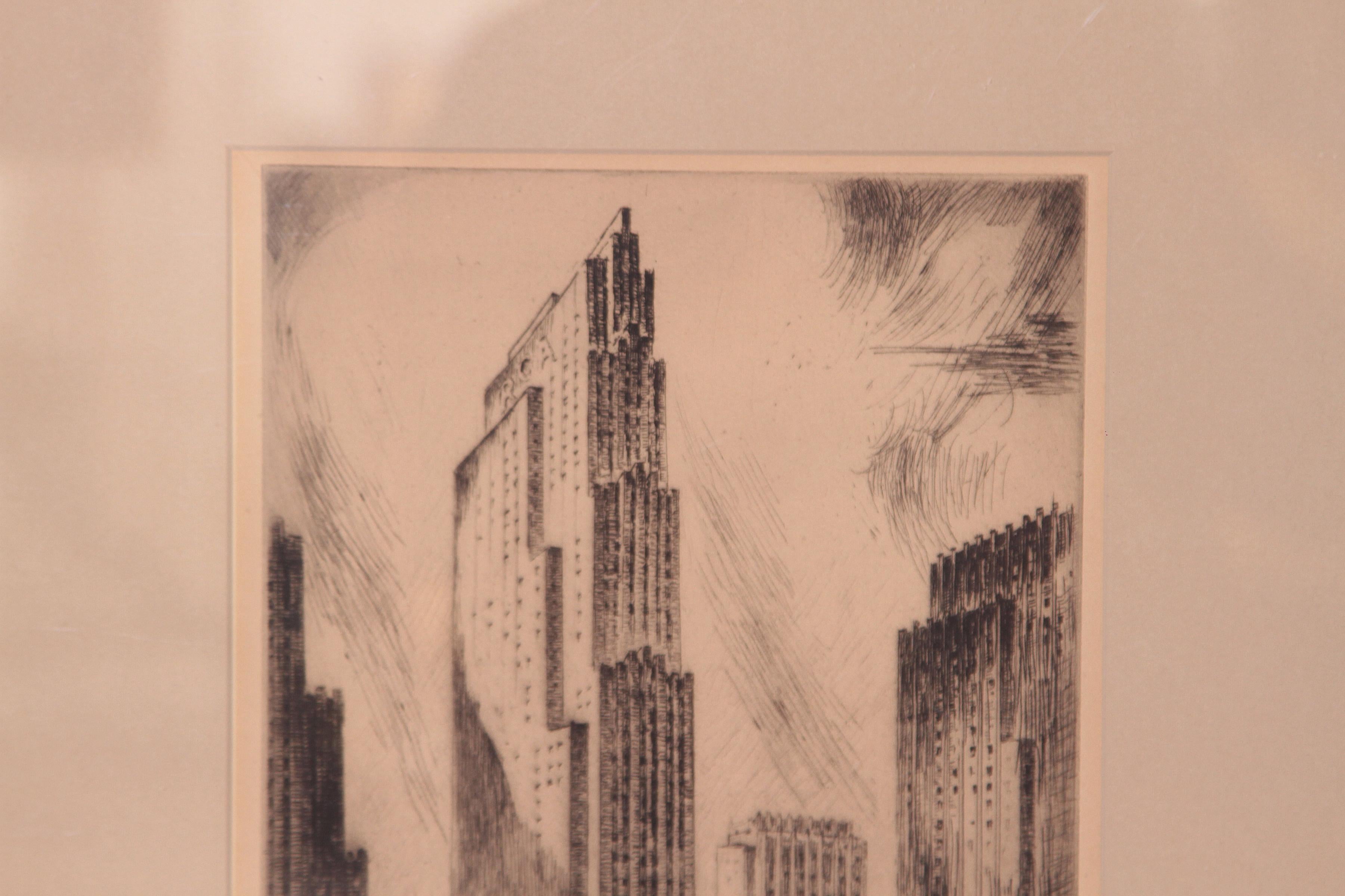Art Deco Machine Age Rockefeller center skyscraper New York City Nat Lowell etching

From an original Associated American Artists in-house portfolio, circa 1934-1940.
Associated American Artists (AAA) was an art gallery in New York City that was