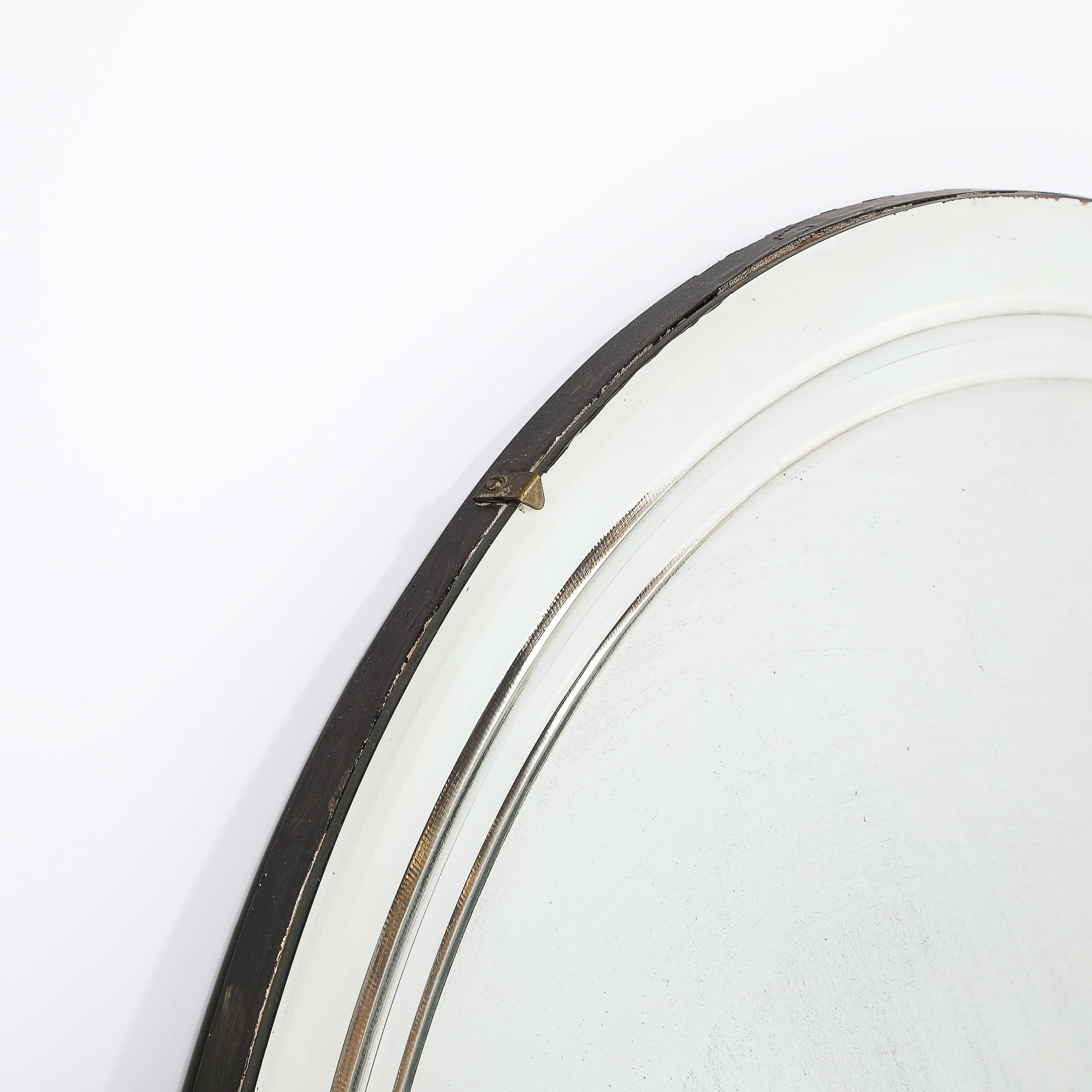 Art déco Art Deco Machine Age Round Reverse Tiered Bevel Detailed & Brass Clips Mirror en vente