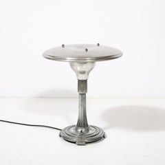 Art Deco Machine Age Saucer Form Polished Aluminum Table Lamp w/ Sculptural Base