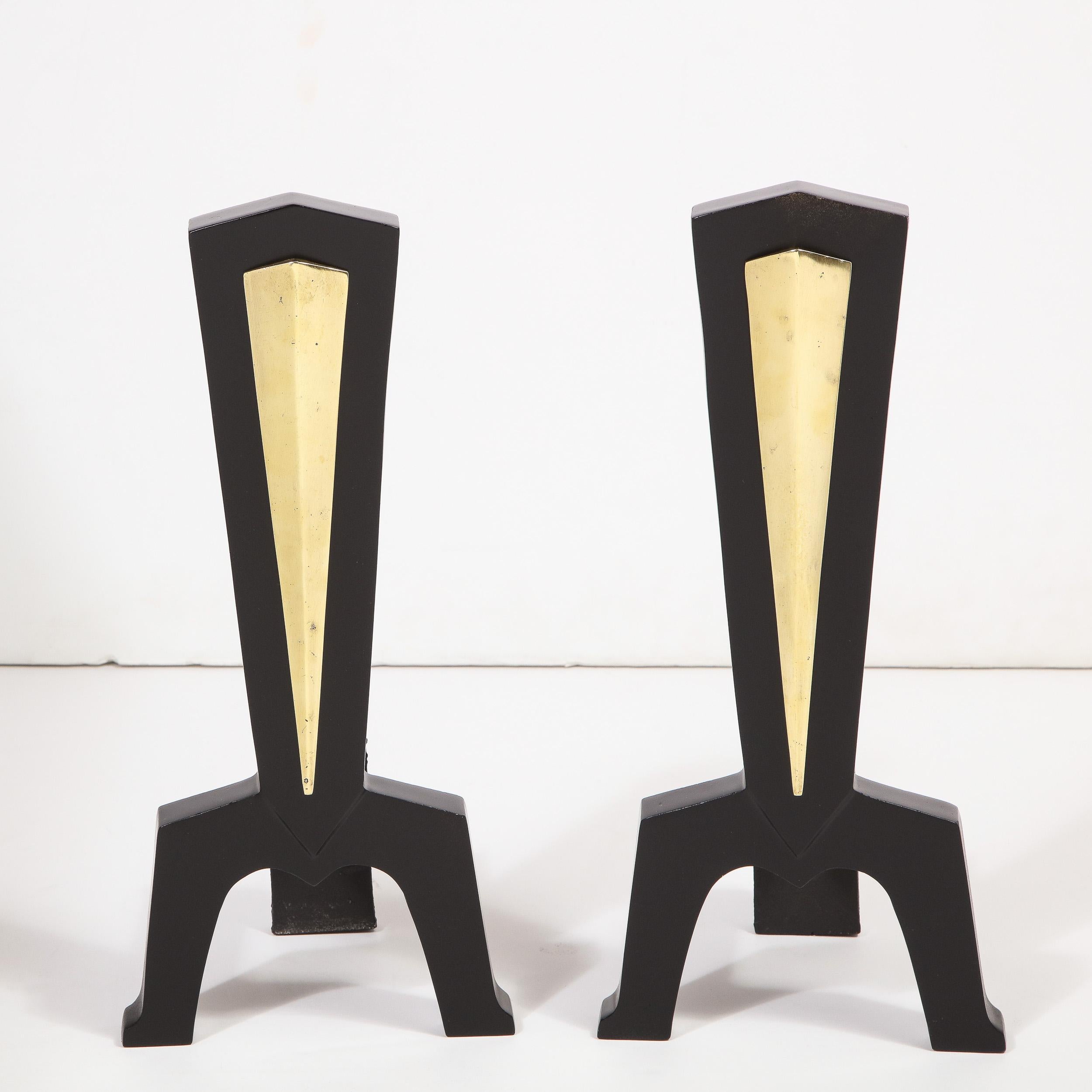 Art Deco Machine Age Sculptural Black Enamel, Iron and Brass Andirons In Excellent Condition In New York, NY