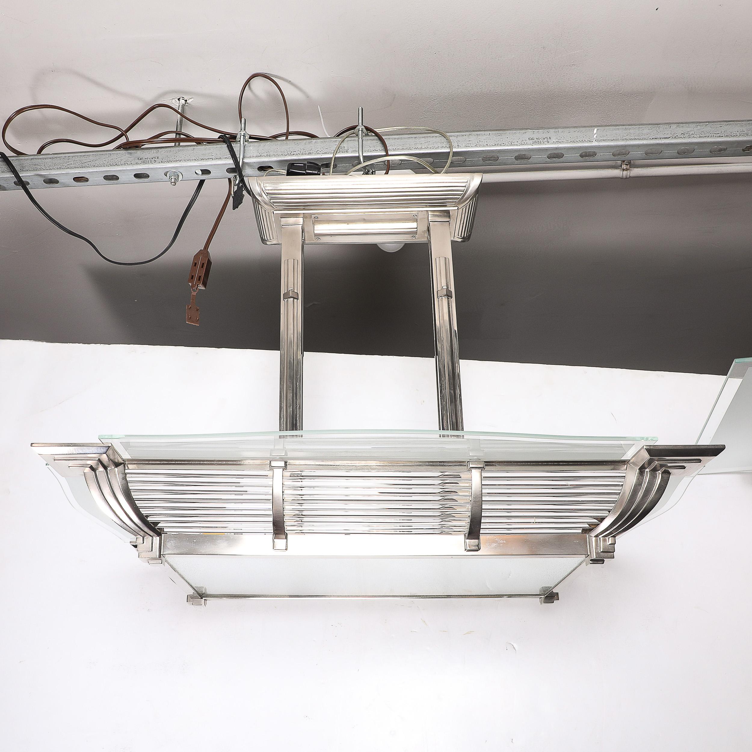 Art Deco Machine Age Silvered Bronze & Frosted Glass Chandelier signed Petitot For Sale 8